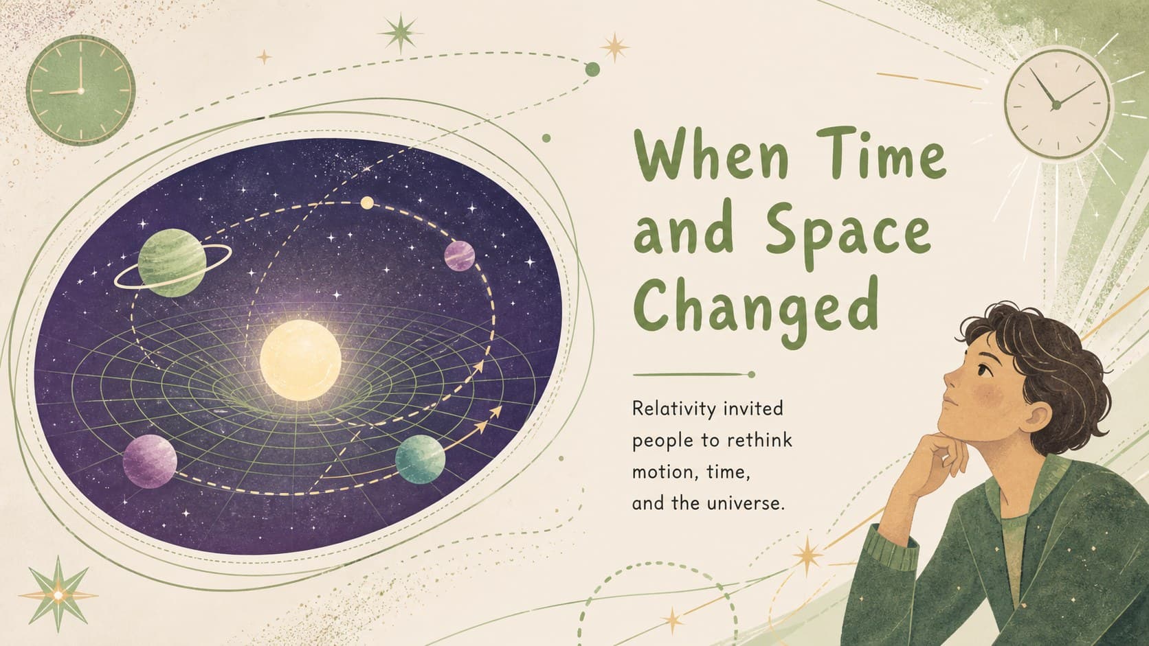 Scientific breakthrough slide explaining the ideas behind an einstein relativity classroom slideshow.