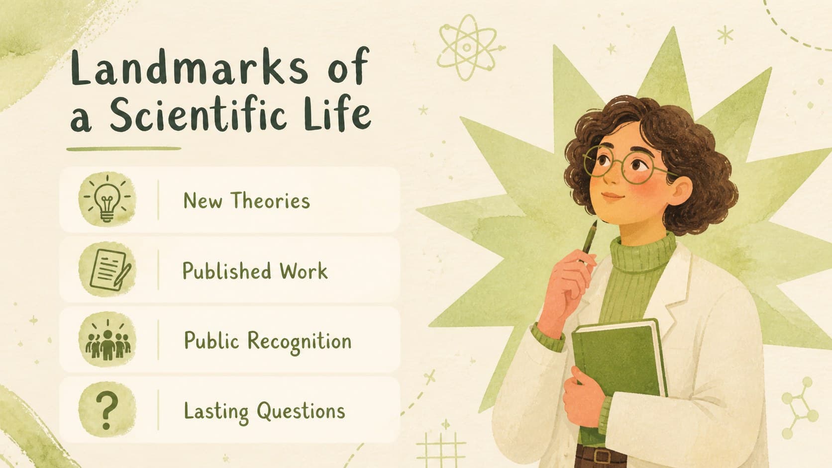 Key achievements slide highlighting scientific discoveries for a student presentation.