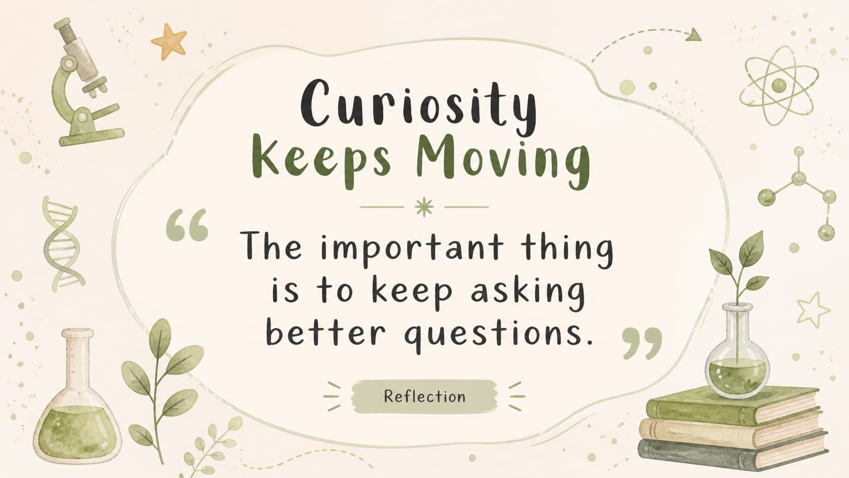 Quote and reflection slide for an Albert Einstein timeline lesson with an illustrated classroom mood.