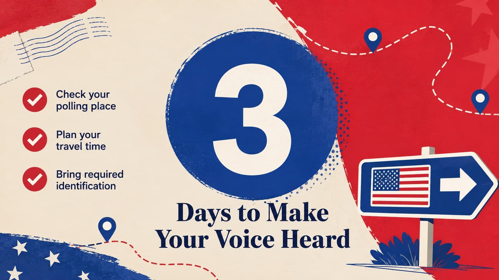Three-day voter turnout countdown graphic with polling checklist icons in a modern red and blue illustrated layout.