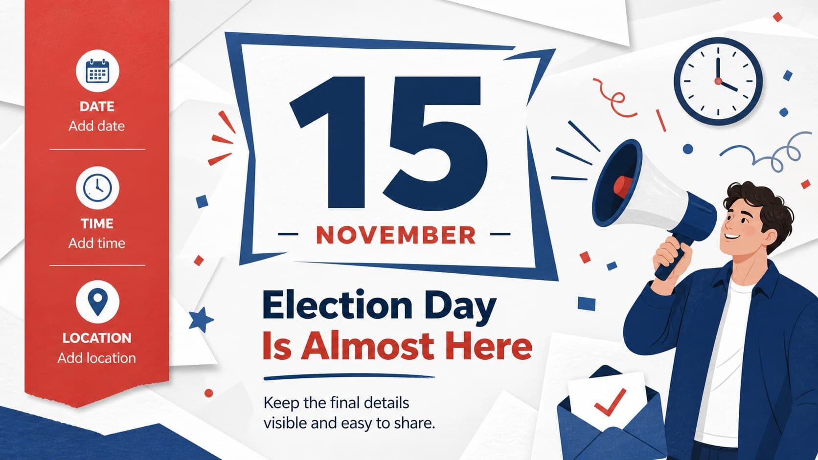 Election event reminder slide featuring editable time, location, and final countdown information.