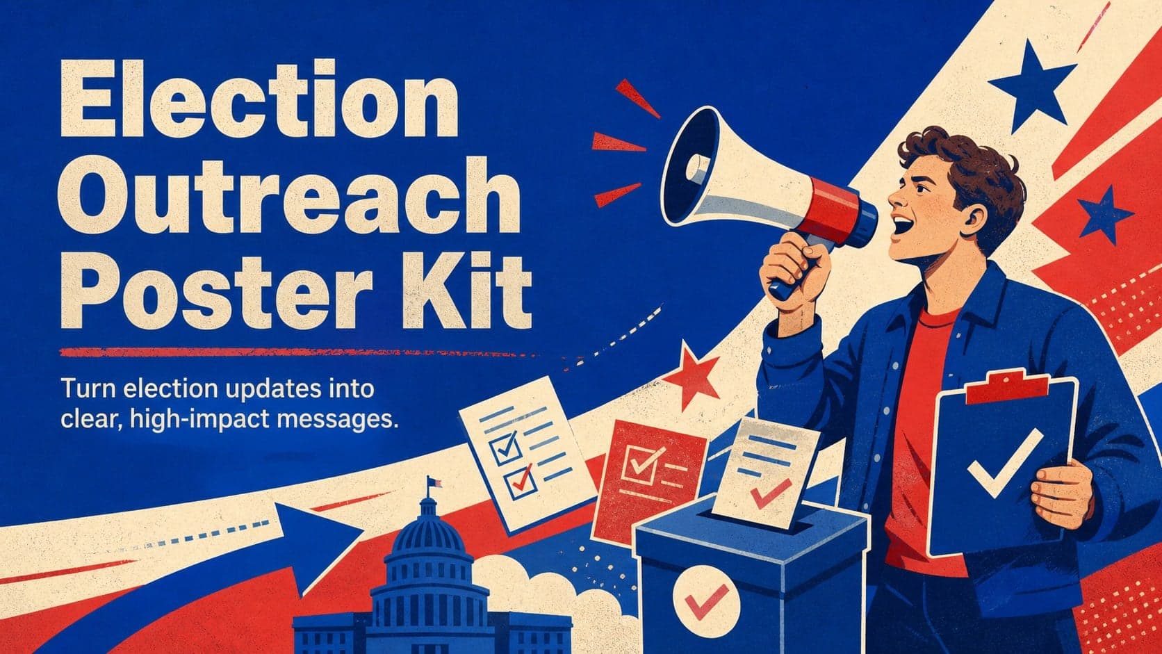 Bold blue and red cover for an Election Outreach Poster Kit with energetic civic illustrations.