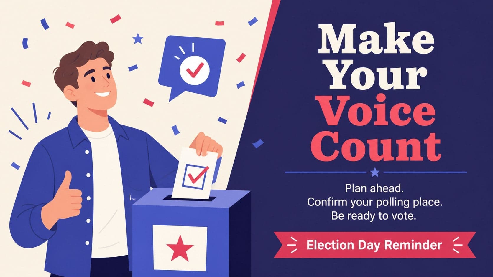 Illustrated voter turnout poster slide with a bold election reminder and blue-red campaign graphics.