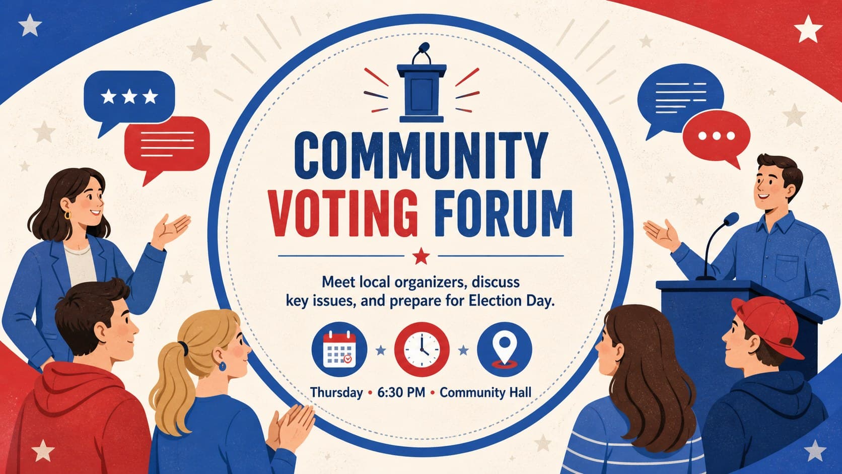 Blue and red political event announcement template promoting a community voting forum.