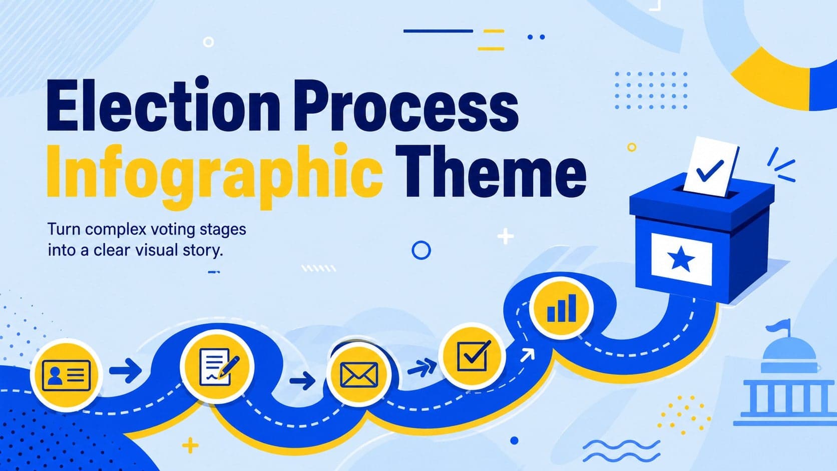 Election Process Infographic Theme cover with bold blue and yellow civic graphics arranged around the presentation title.