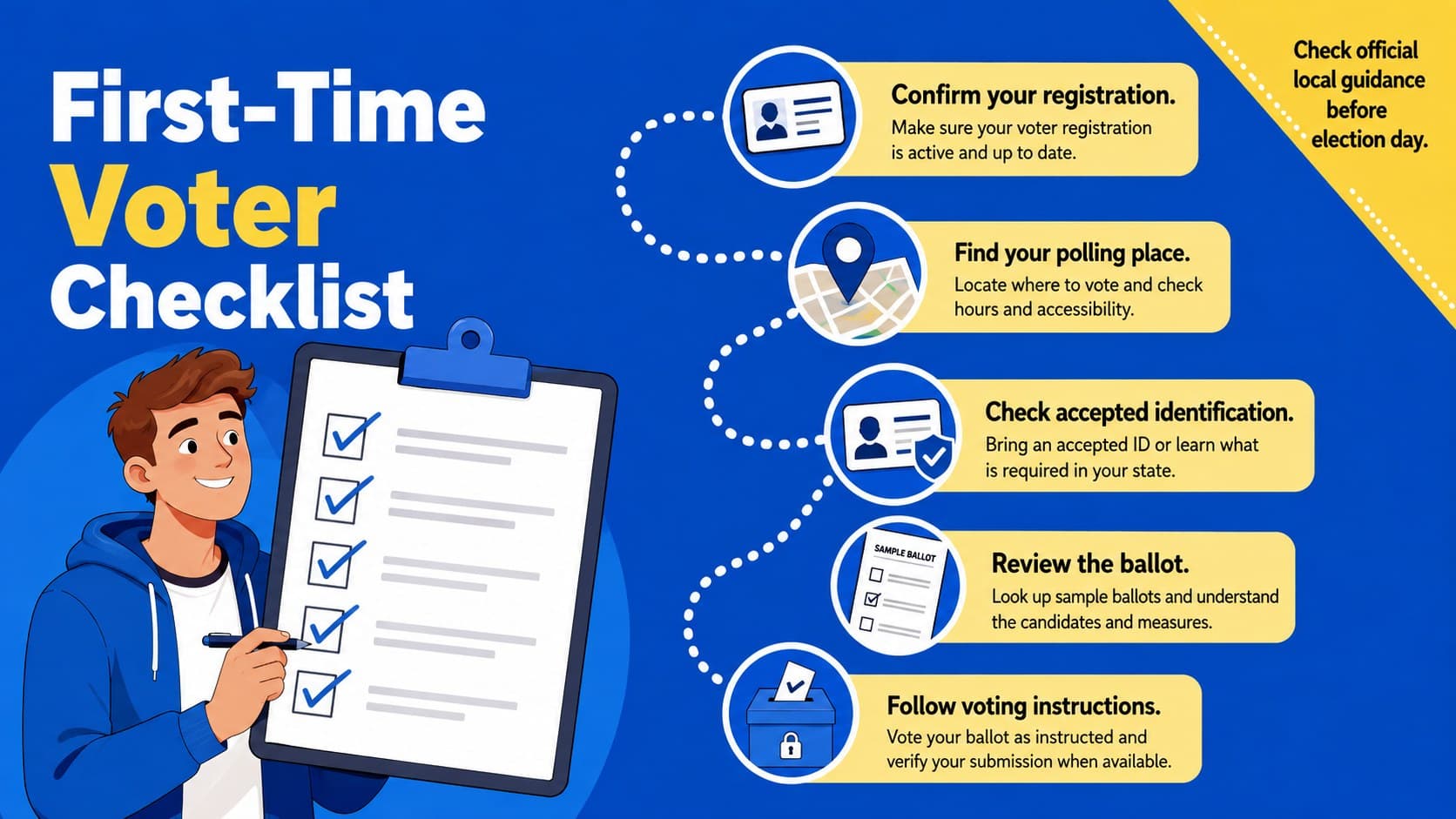 First-time voter guide slide with preparation, polling-place, ballot, and verification steps in a blue-and-yellow layout.