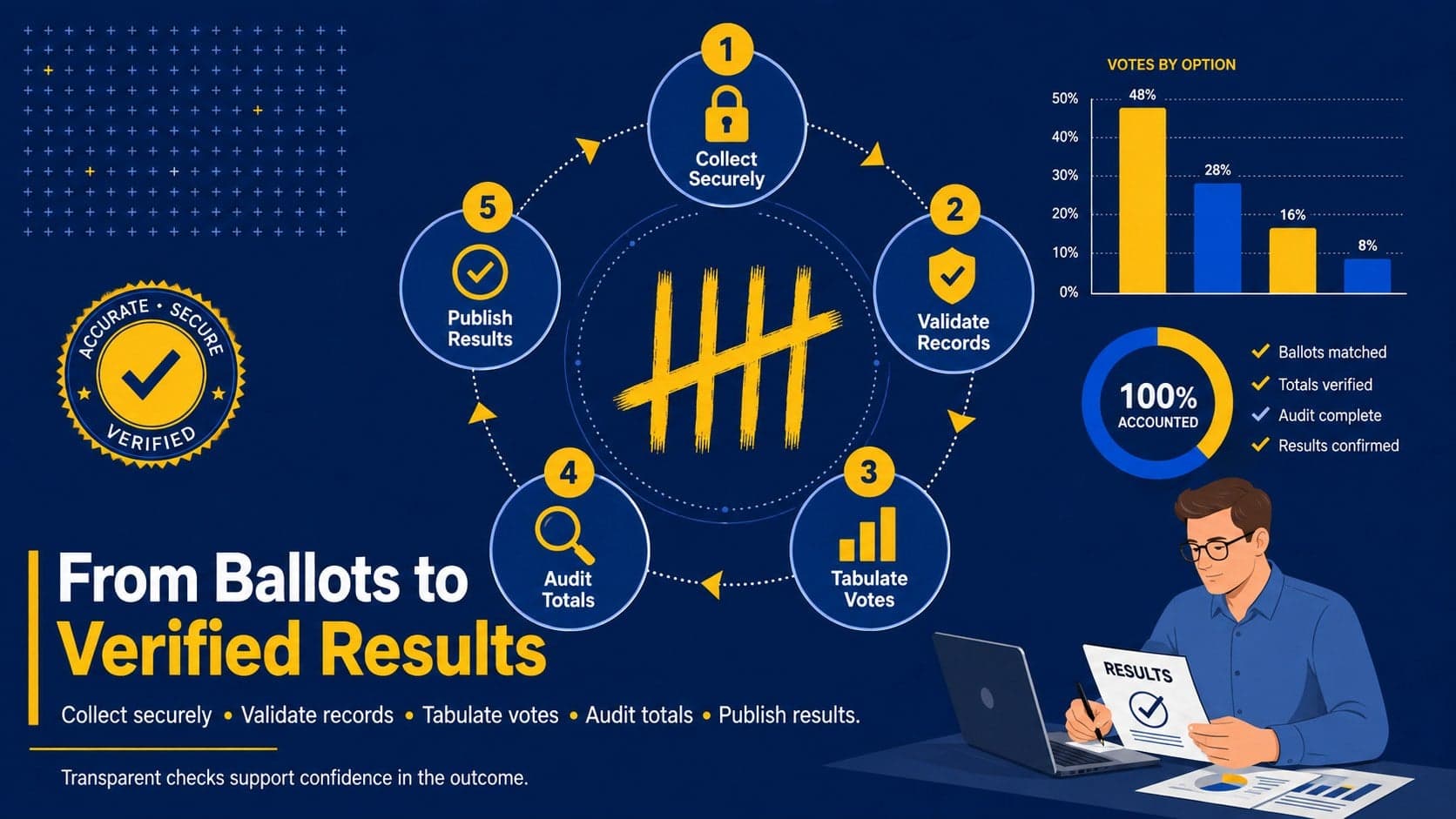 Ballot counting infographic slide explaining collection, validation, tabulation, auditing, and publication of election results.