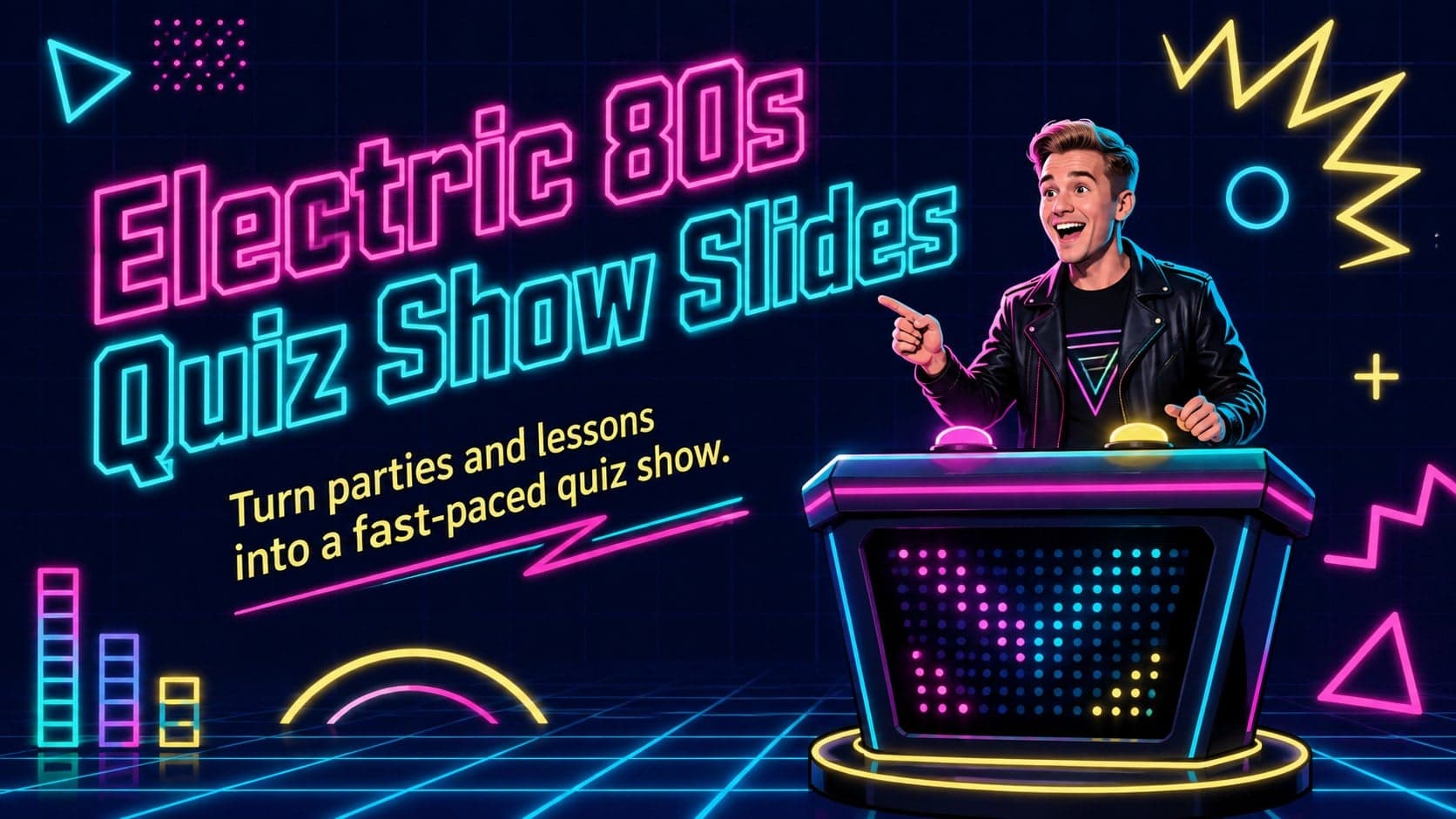 Electric 80s Quiz Show Slides cover with vibrant neon arcade graphics on a dark navy background.