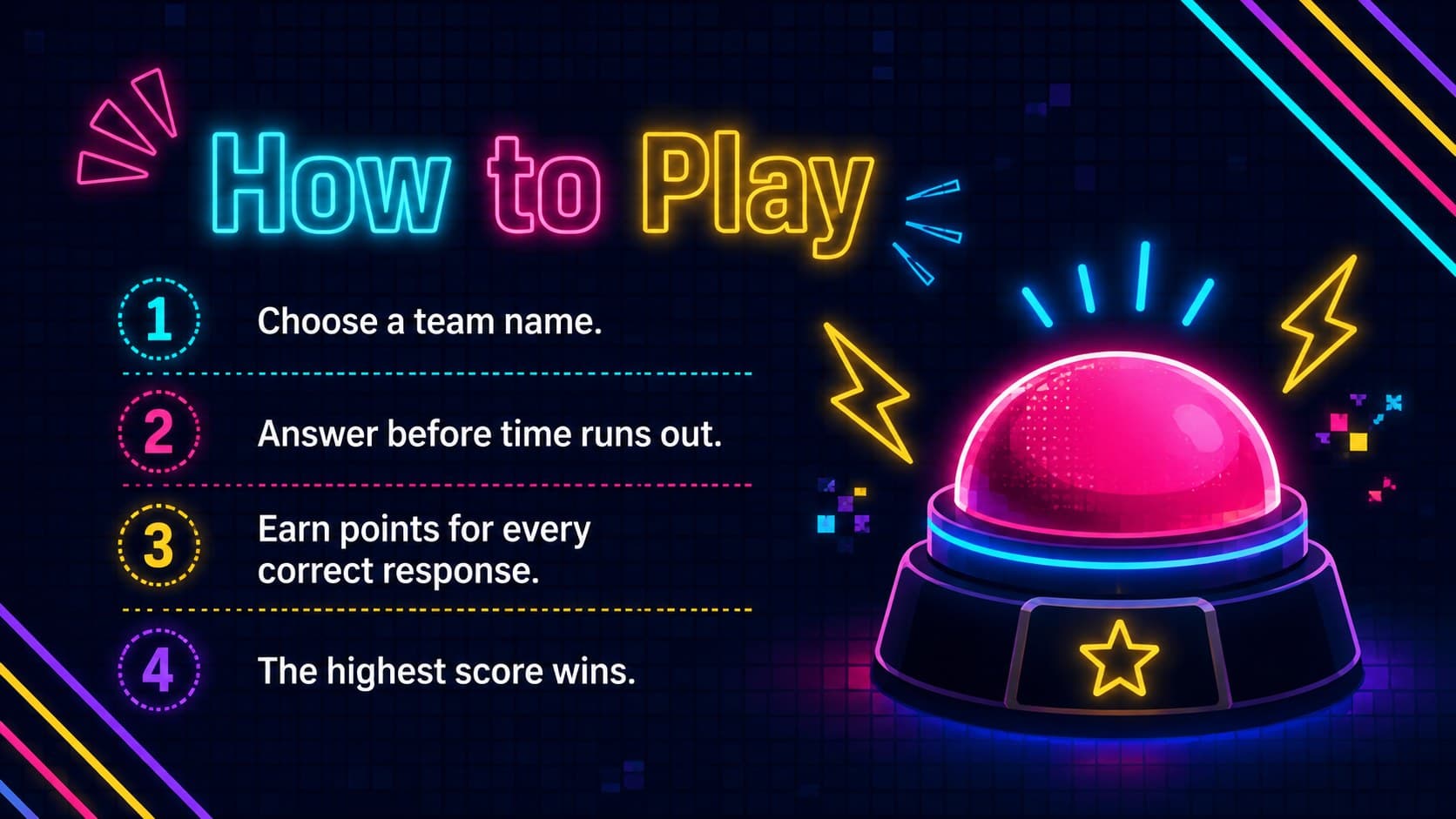 Neon quiz night presentation slide introducing the game rules and team format.