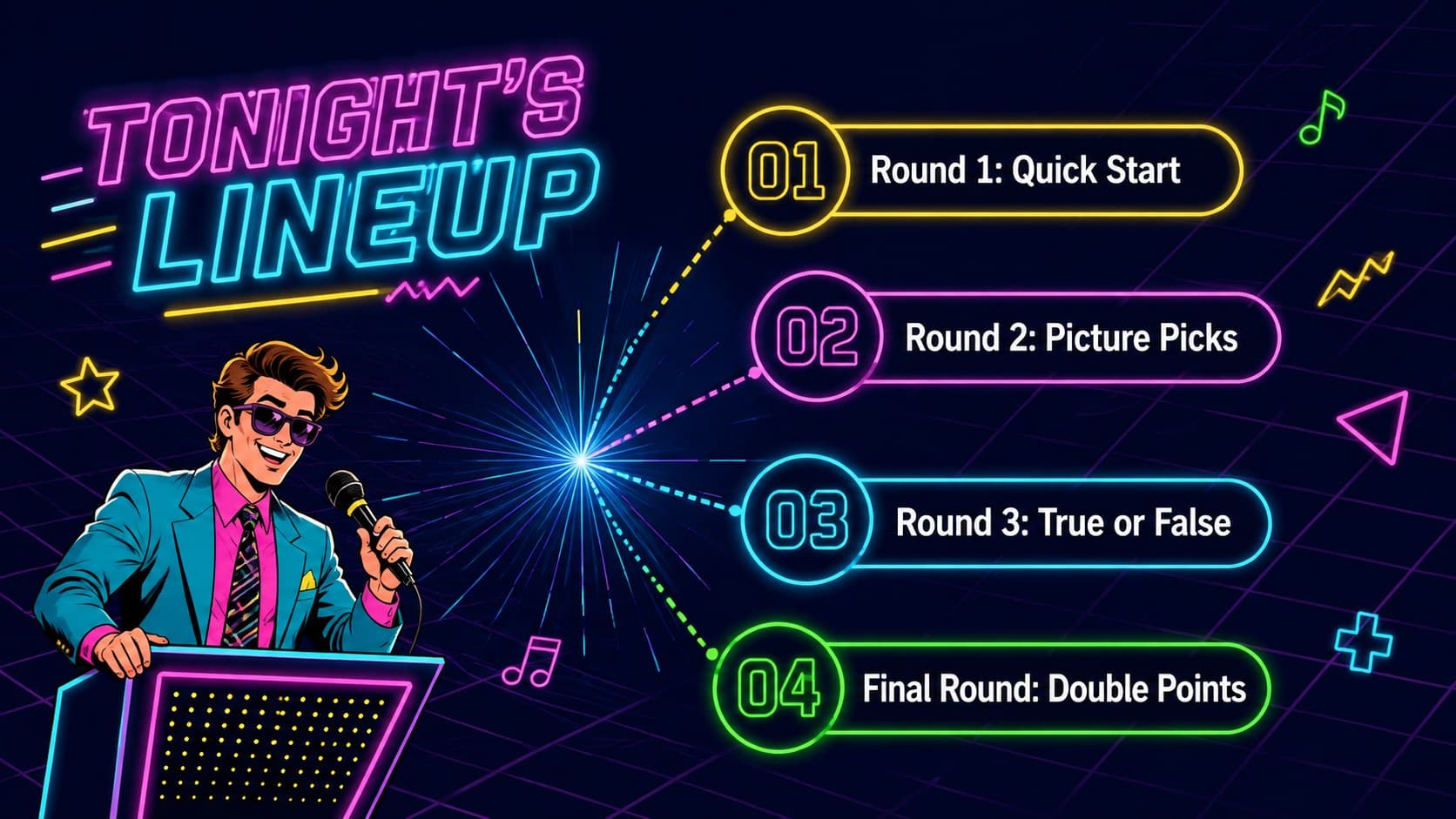 Retro trivia presentation agenda showing four colorful quiz rounds and a final challenge.
