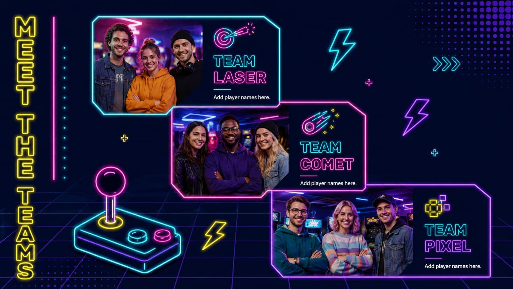 Arcade-style team introduction slide for an interactive quiz show deck.