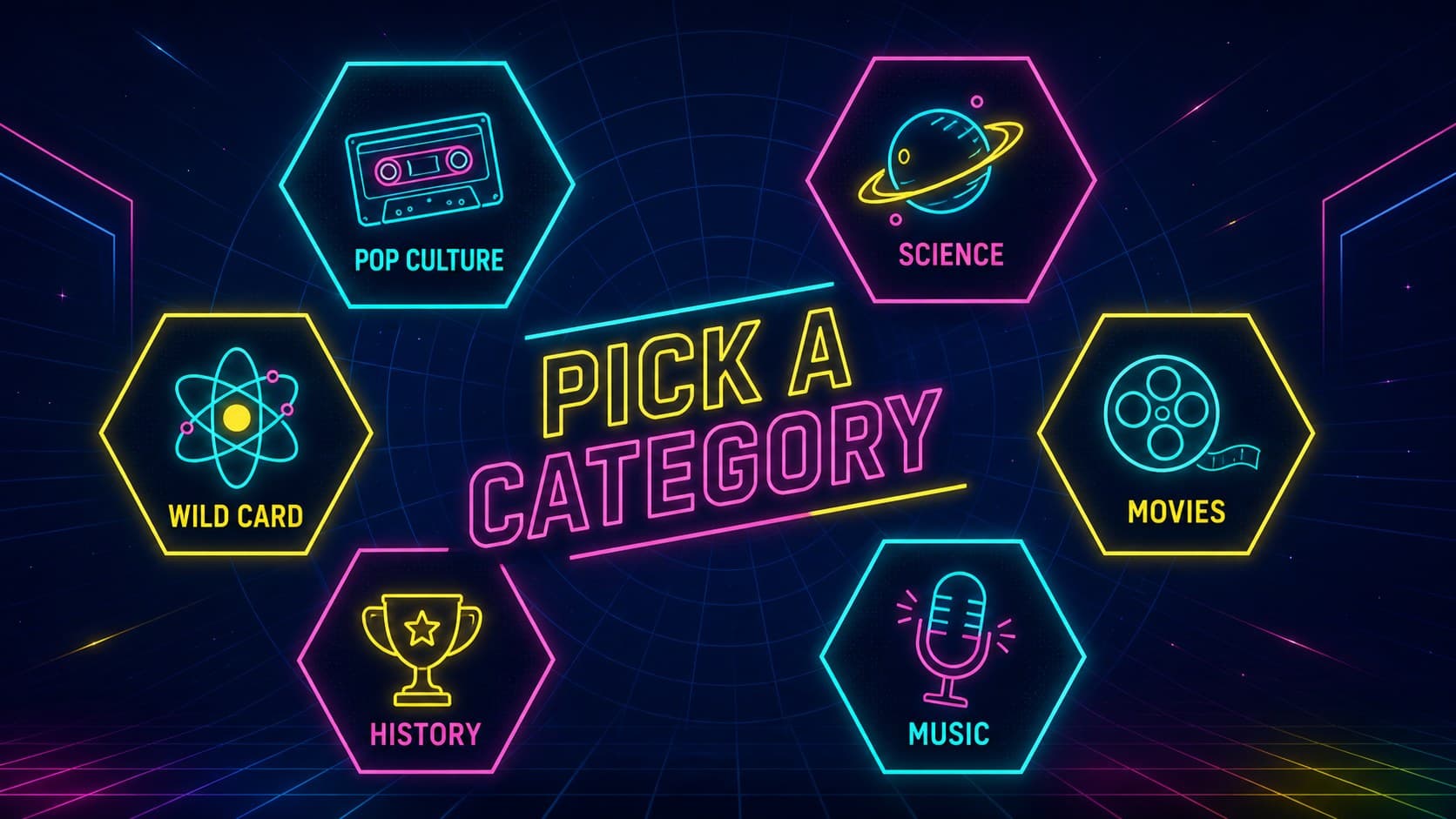 Neon category selection board for an 80s game show PowerPoint template.