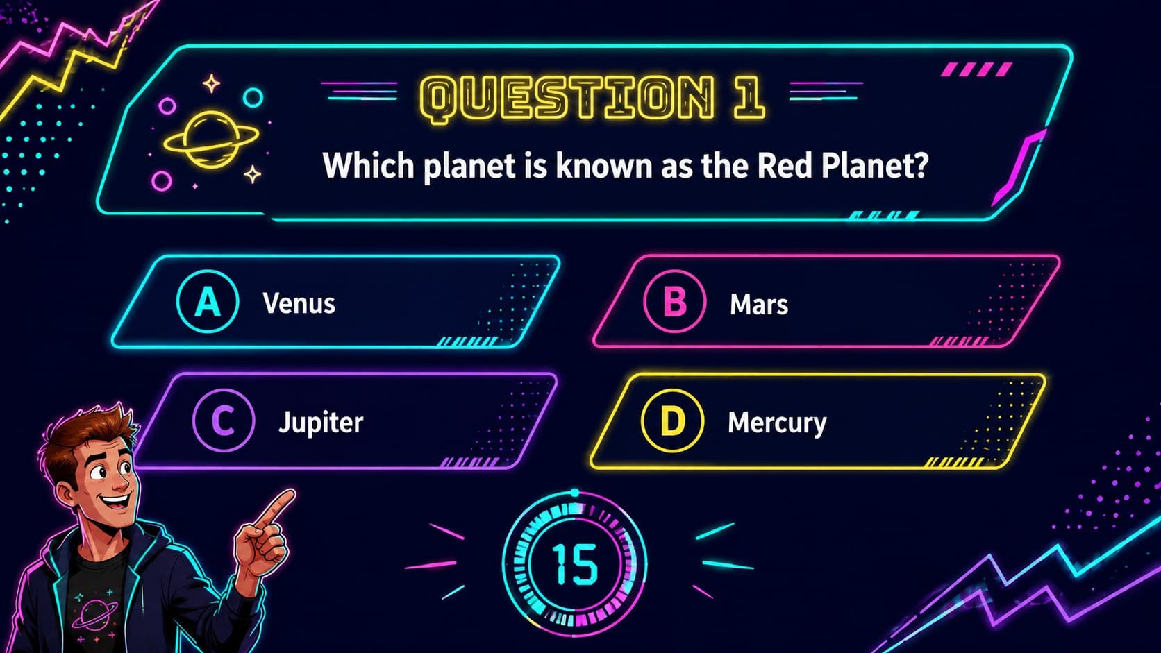 Colorful multiple-choice question layout in a neon quiz night presentation.