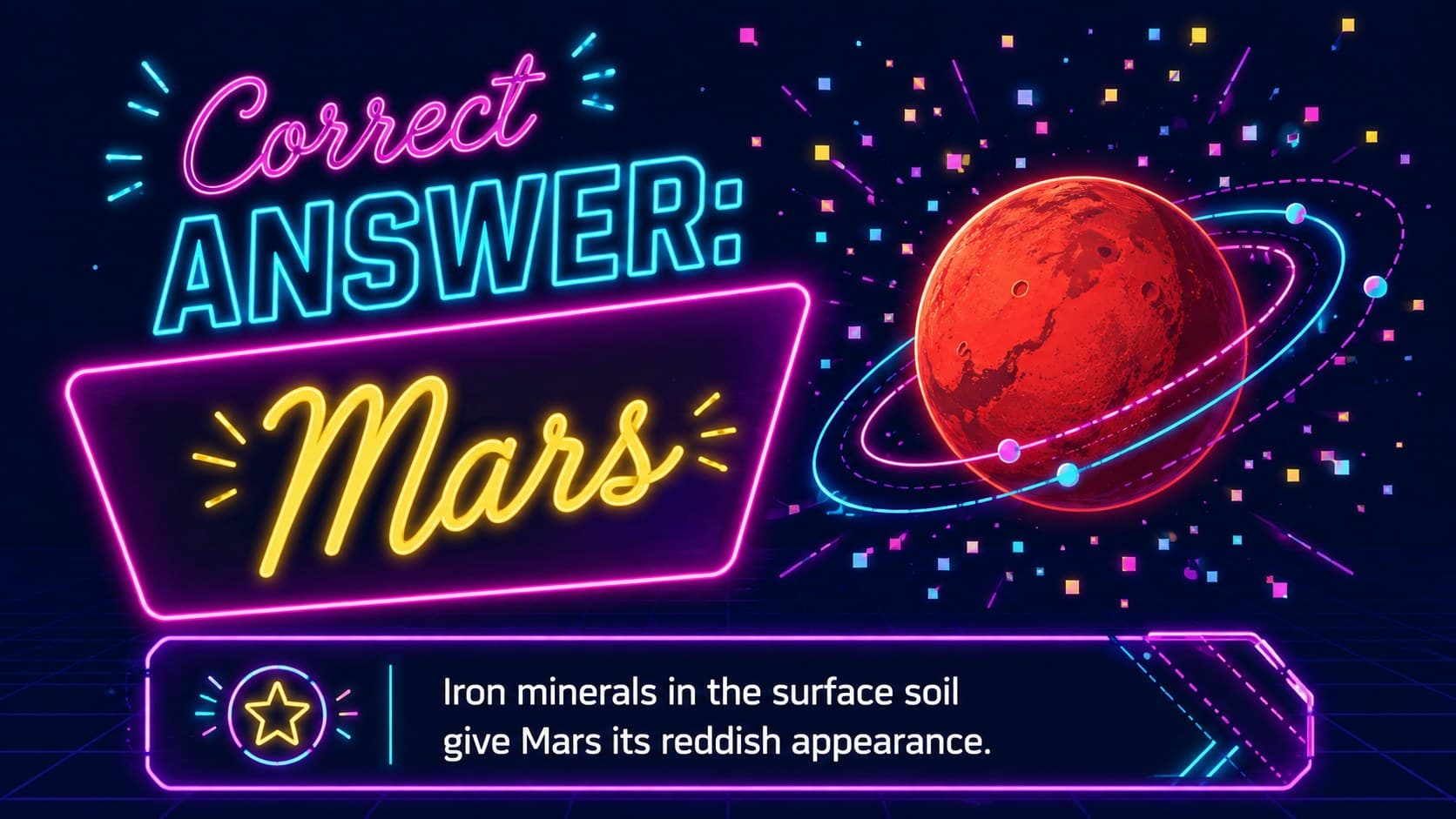 Answer reveal slide identifying Mars in a retro trivia questions slideshow.