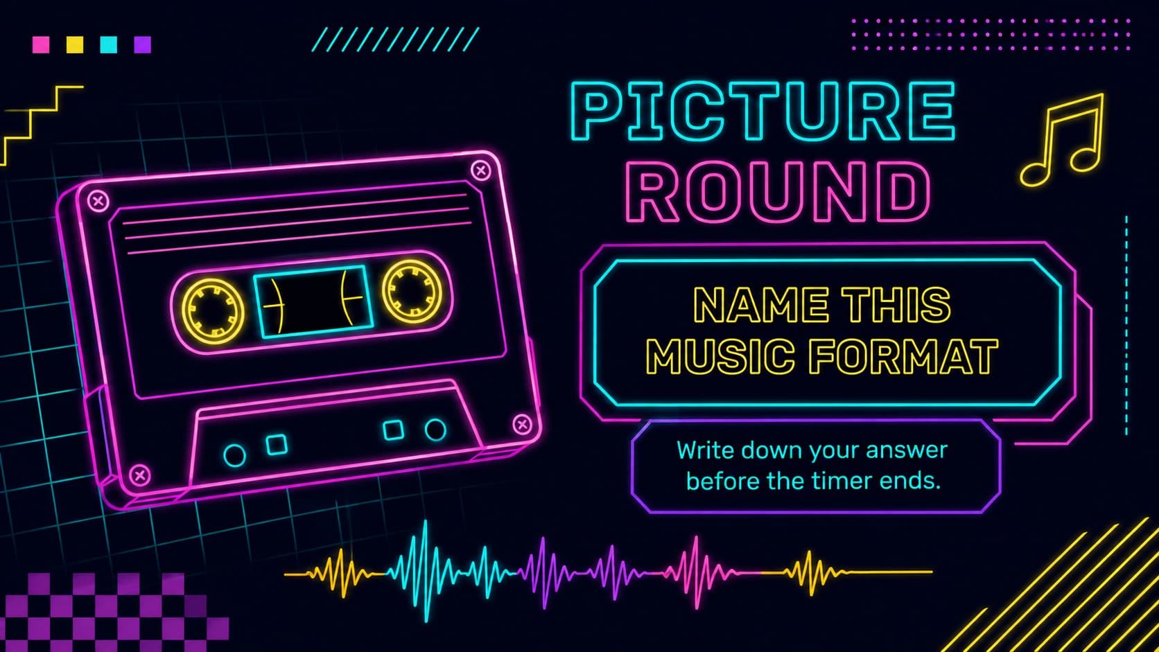 Picture round prompt featuring a neon cassette in an arcade-style team quiz template.