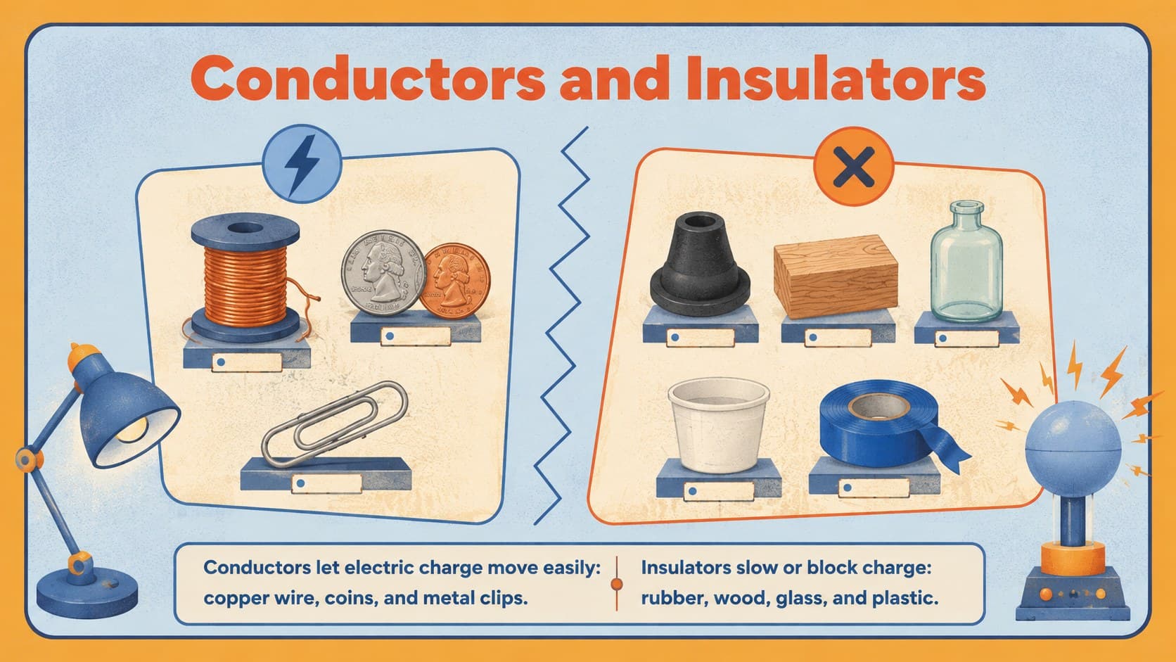 Conductors and insulators lesson slide comparing metal objects with rubber, wood, glass, and plastic.