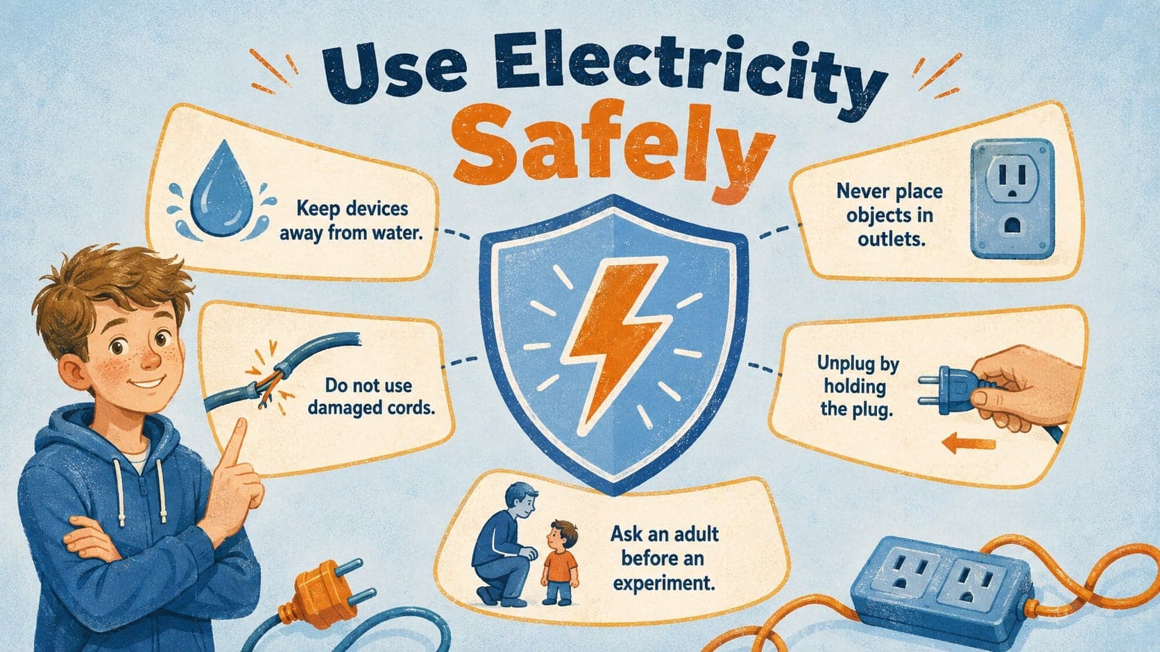 Electricity safety slide for elementary students featuring five clear home and classroom safety rules.