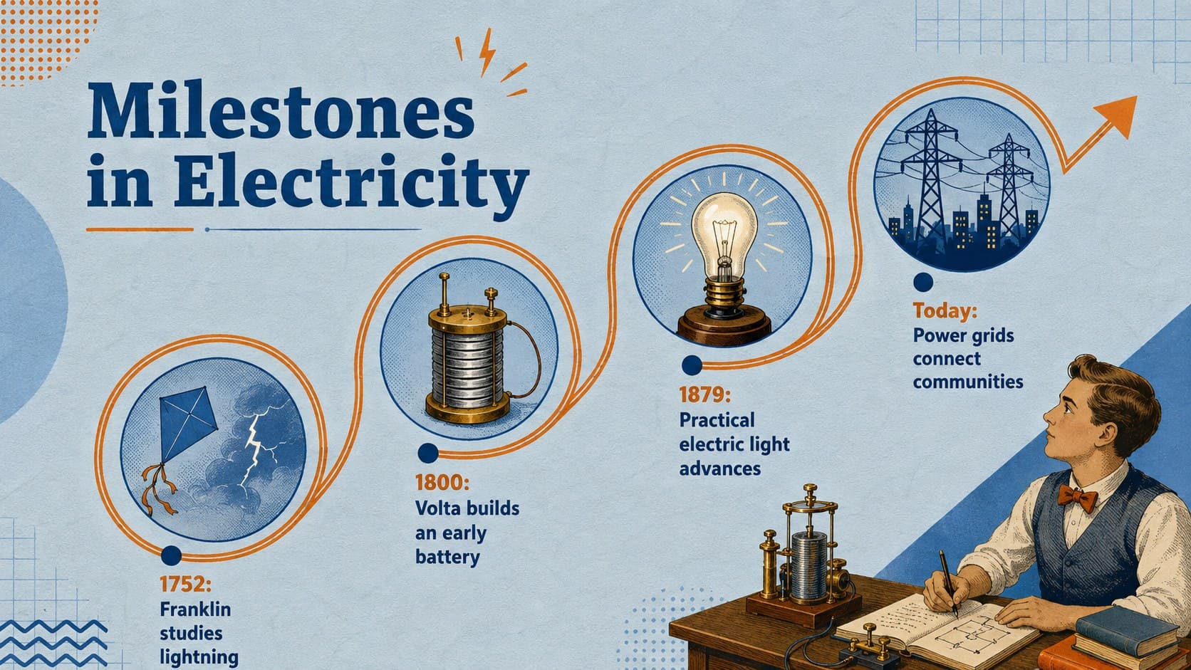Vintage electricity history timeline highlighting Benjamin Franklin, the battery, the light bulb, and modern power grids.