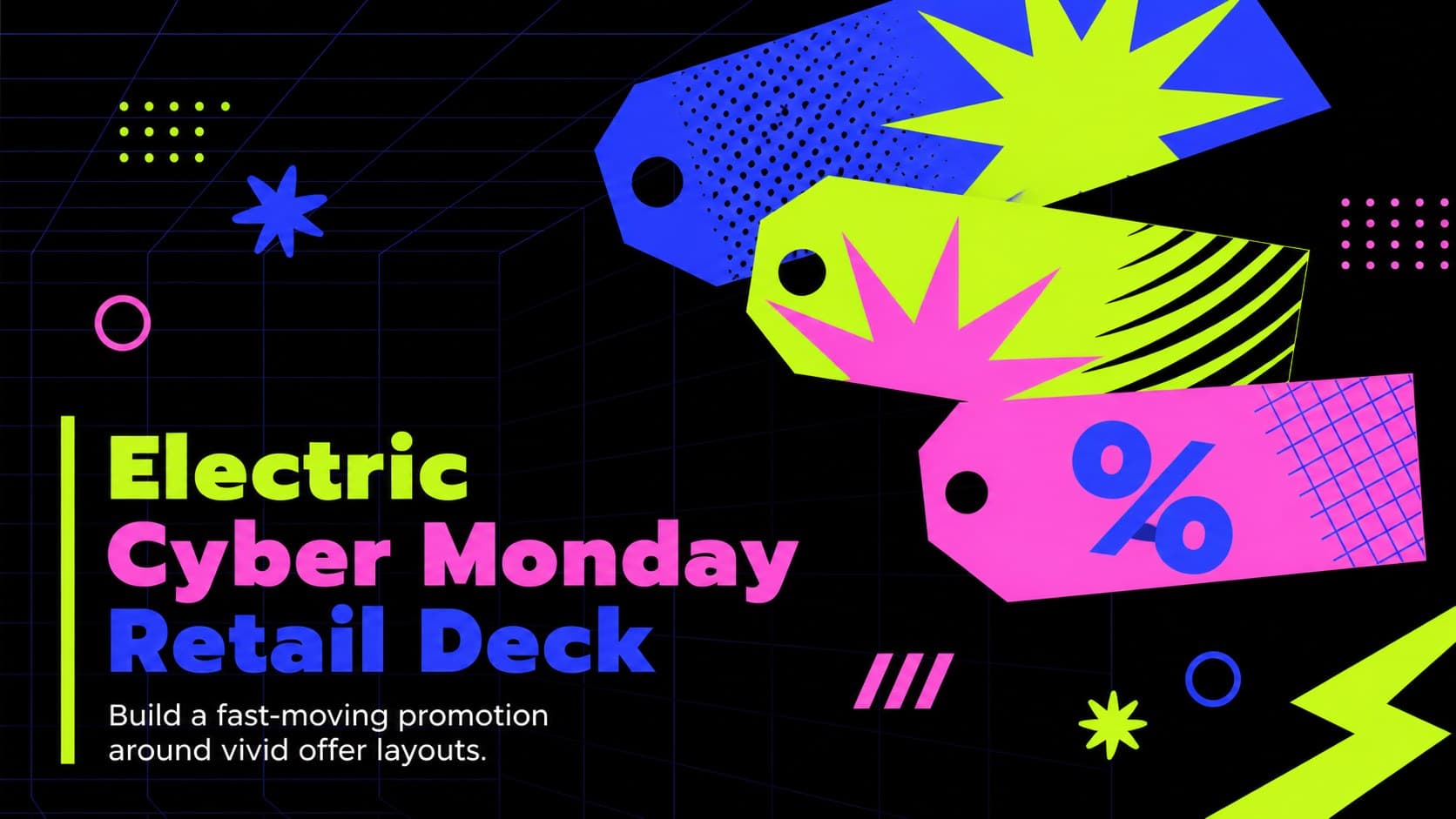 Electric Cyber Monday retail deck cover with neon geometric accents on a bold black background.
