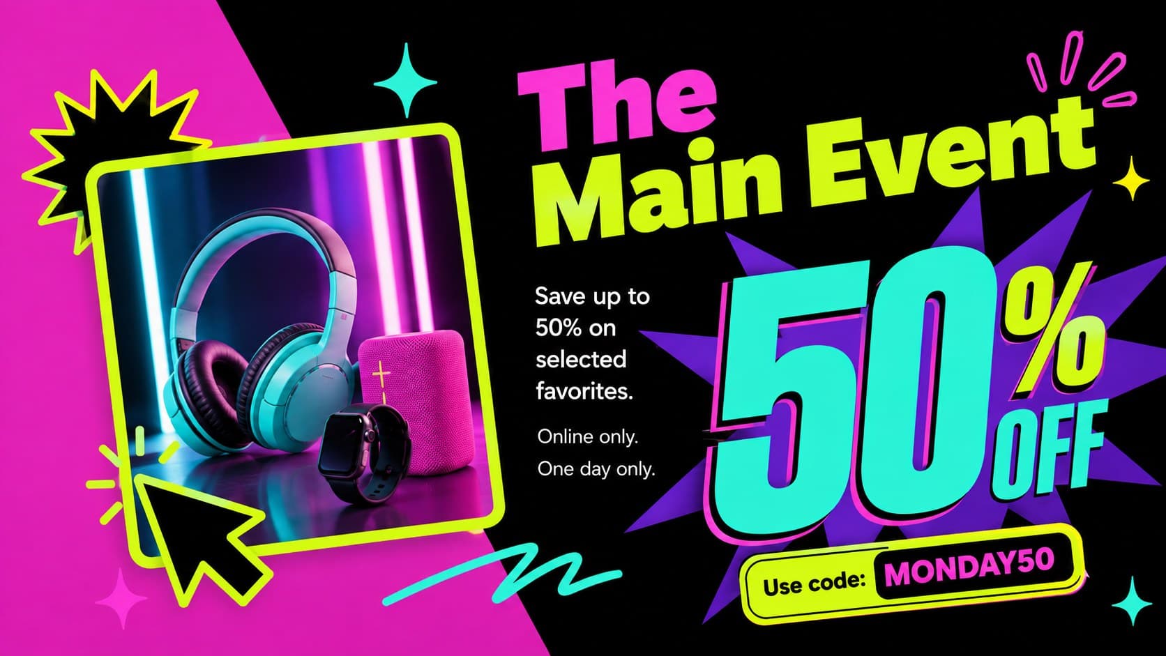 Cyber Monday hero deal slide featuring a large discount and neon ecommerce graphics.