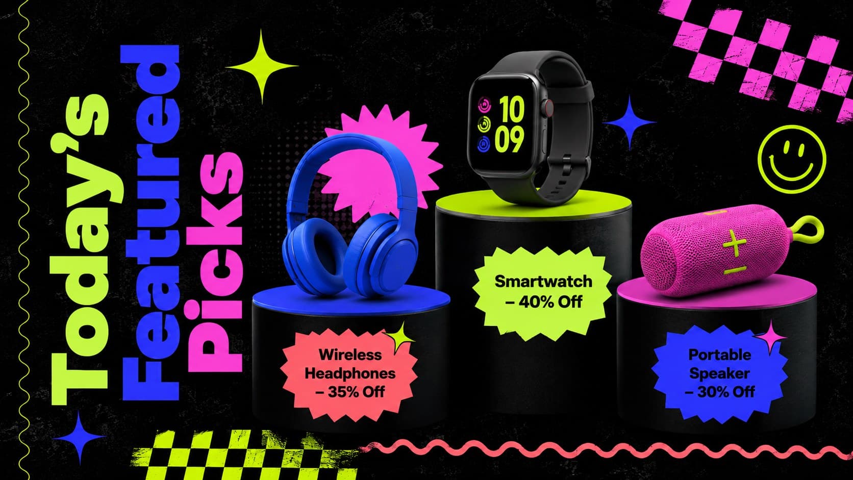 Online store offer showcase displaying three featured products in a neon retail layout.