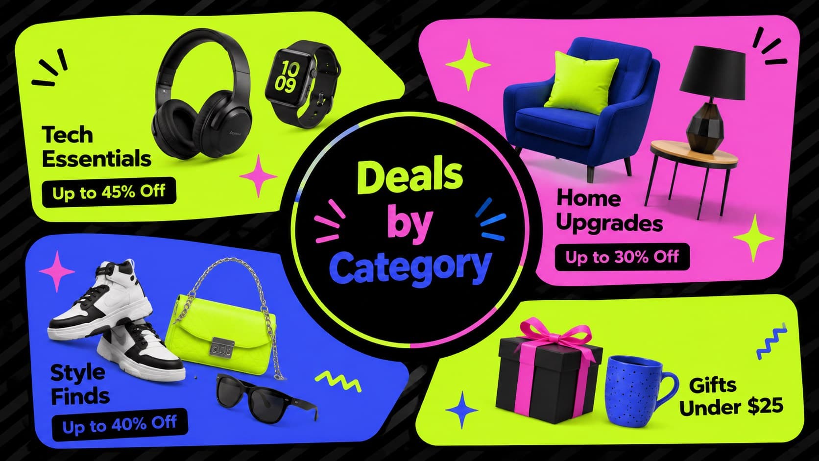 Cyber Monday category offers slide with colorful neon sections for technology, home, style, and gifts.