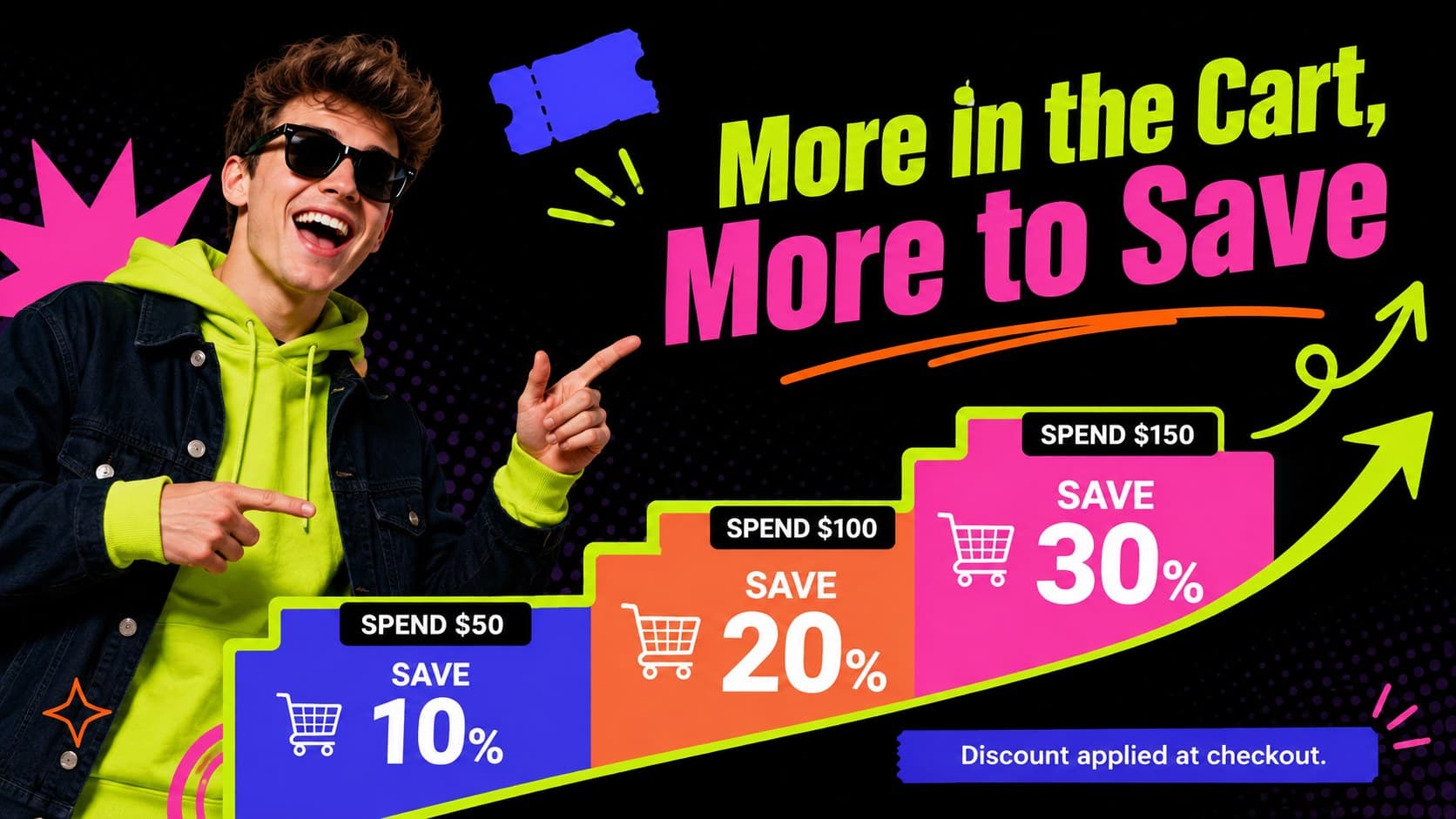 Retail discount pitch template showing three neon spending tiers and their savings.