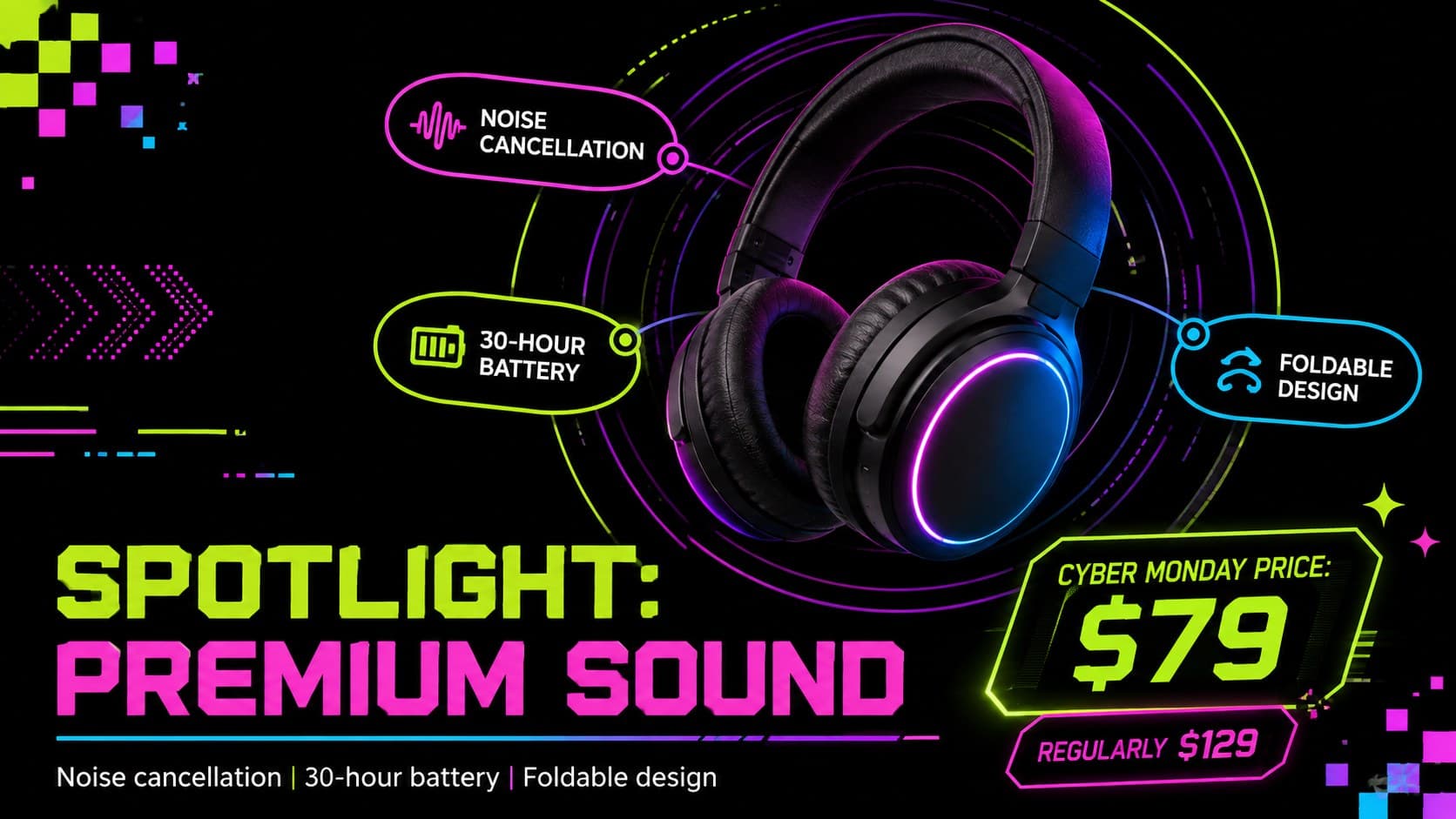 Cyber Monday product launch slide spotlighting a premium wireless headset with a neon price callout.