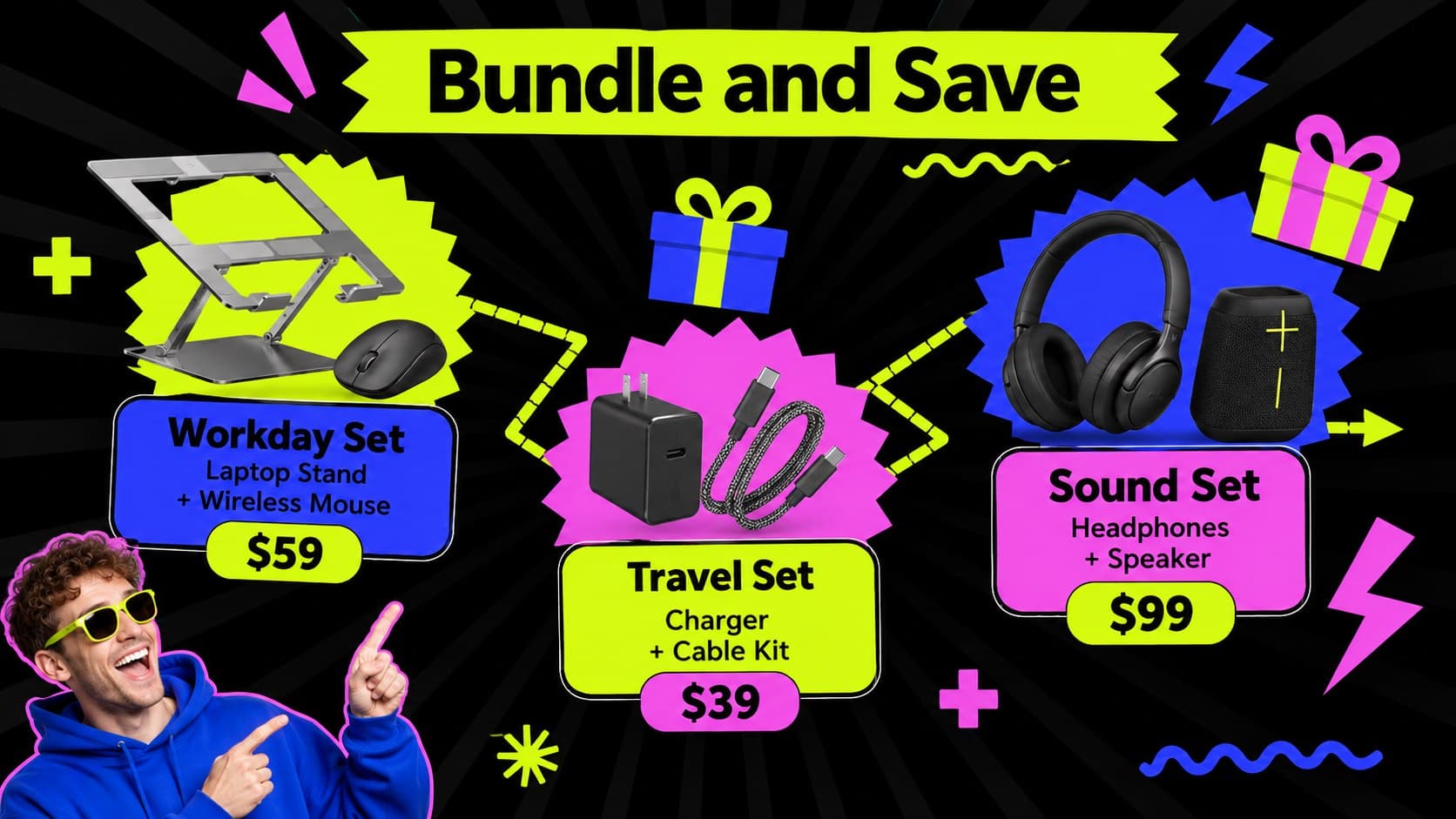 Neon ecommerce campaign slide presenting three Cyber Monday product bundles.