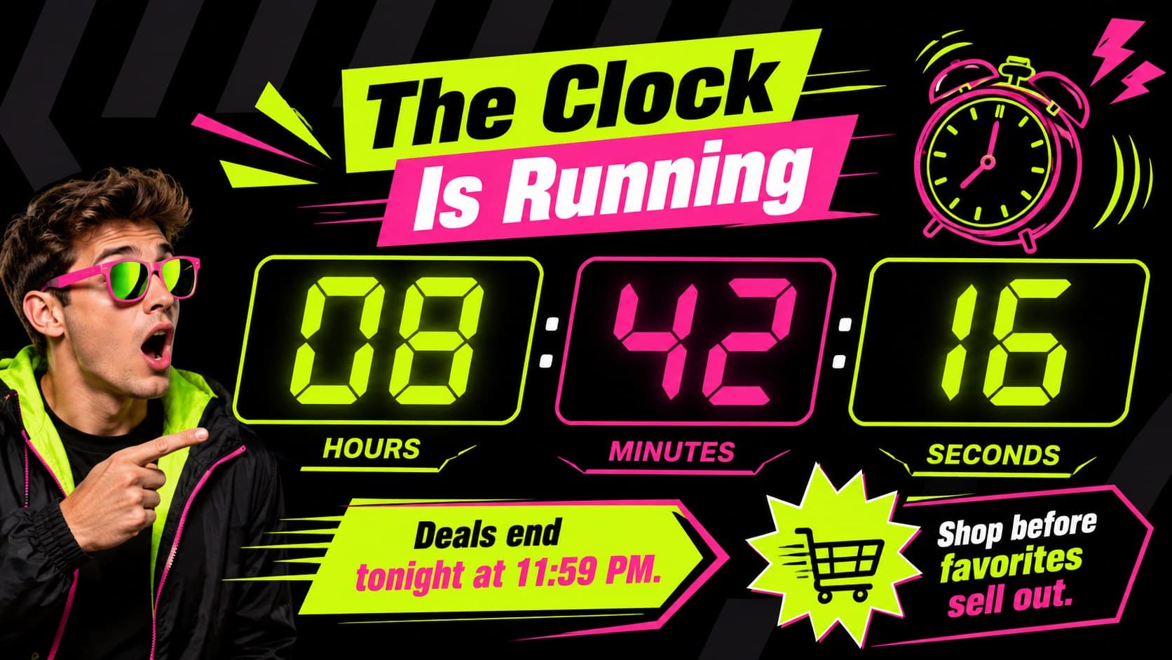 Neon flash sale presentation slide with a bold Cyber Monday countdown and urgency message.