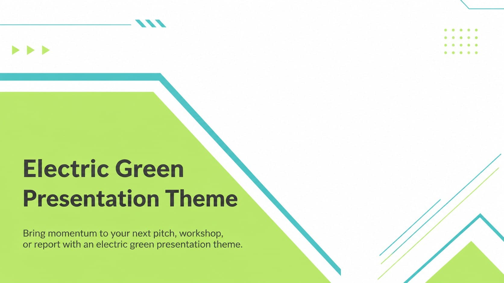 Cover slide for an electric green presentation theme with a bold aqua-green title and modern geometric accents.