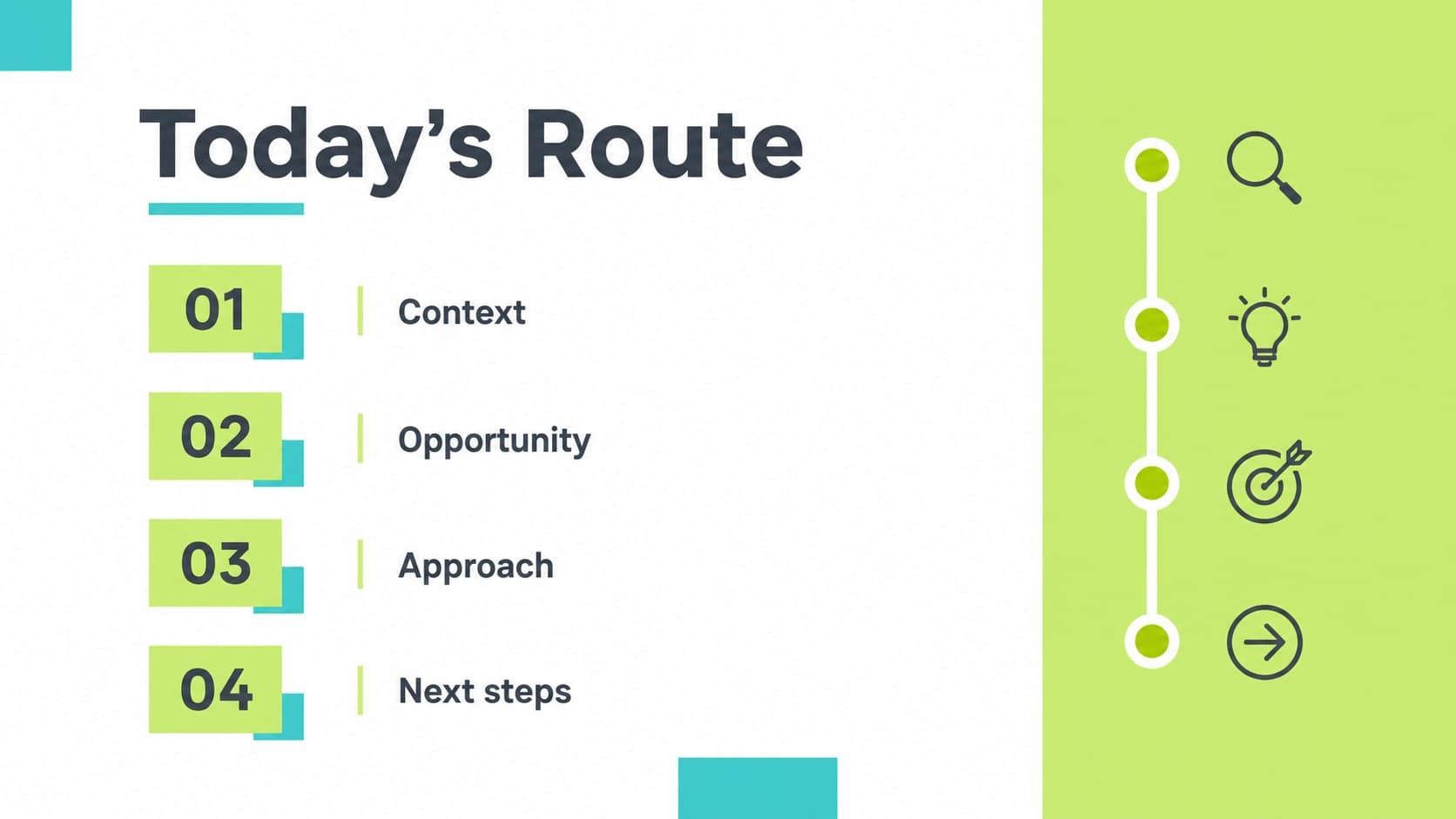 Agenda slide outlining the flow of an electric green presentation theme with vivid section markers.