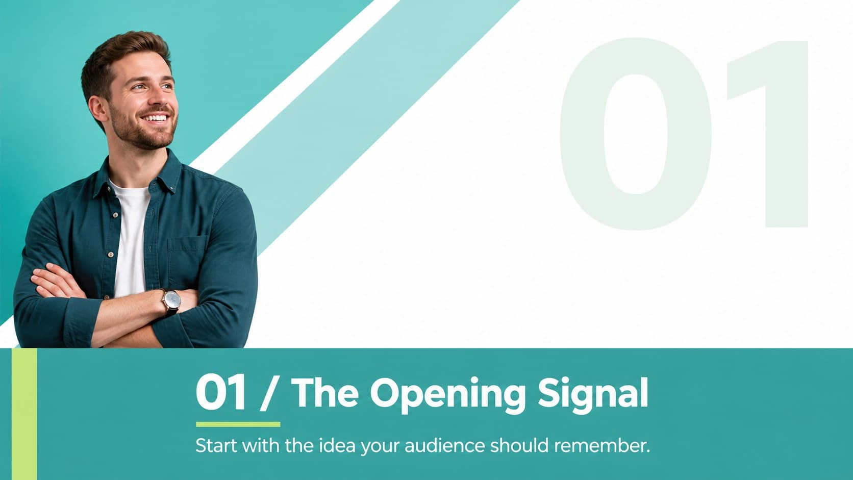 Section divider slide introducing an energetic green pitch story with a large numeral and aqua accents.