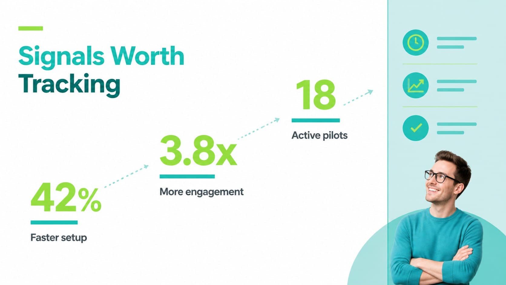 Key metrics slide showing three editable performance figures in a bright green presentation layout.