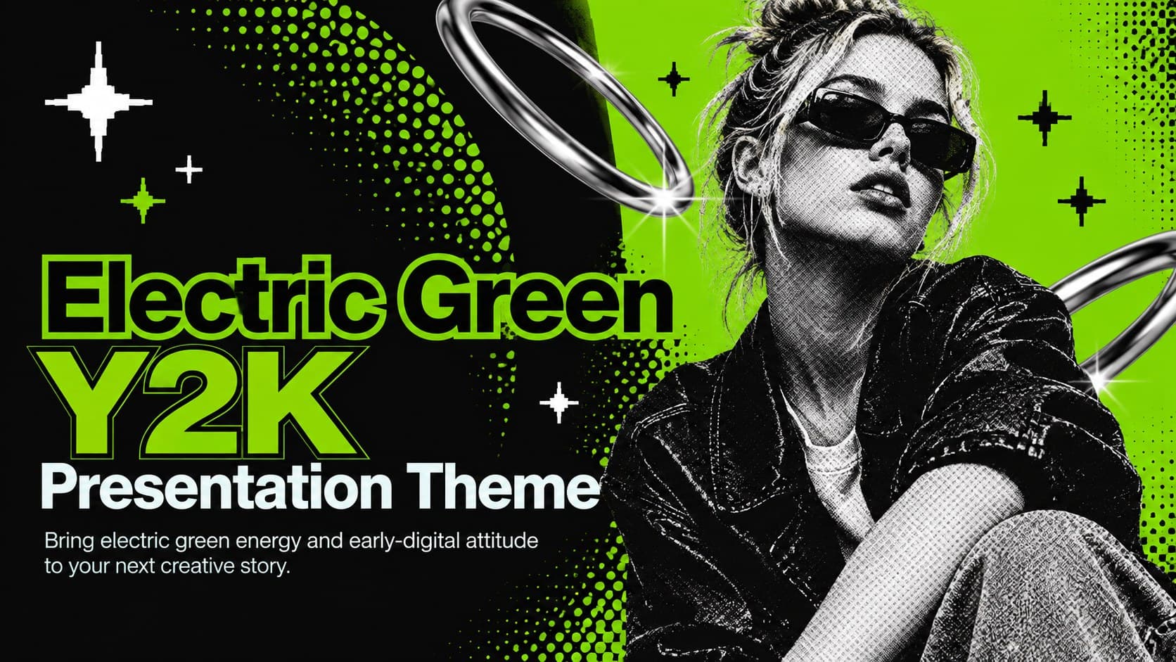 Cover for the Electric Green Y2K Presentation Theme with vivid green typography, dark contrast, and retro digital graphics.