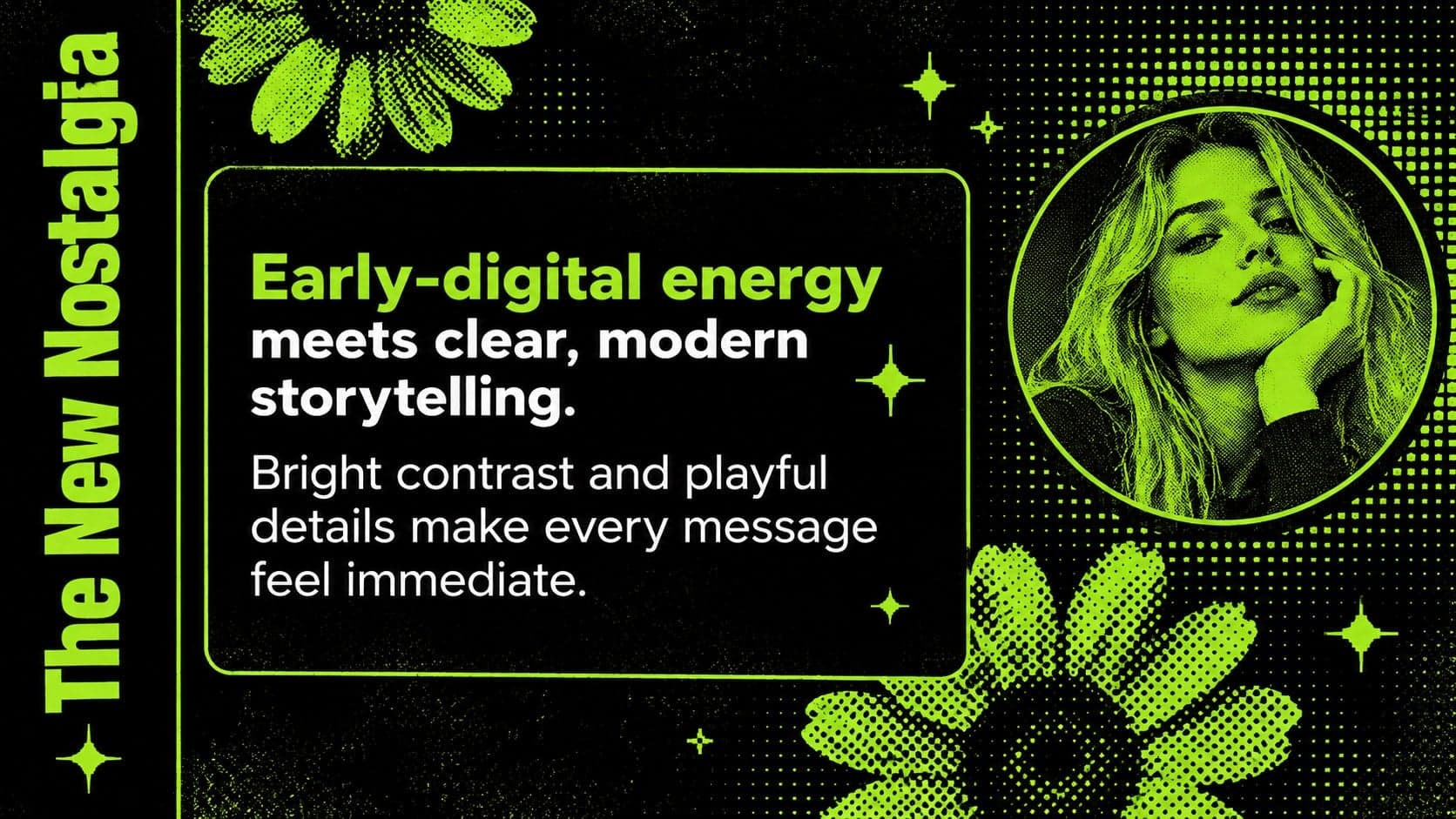 Retro futuristic presentation deck slide introducing a creative concept with an electric green statement panel.