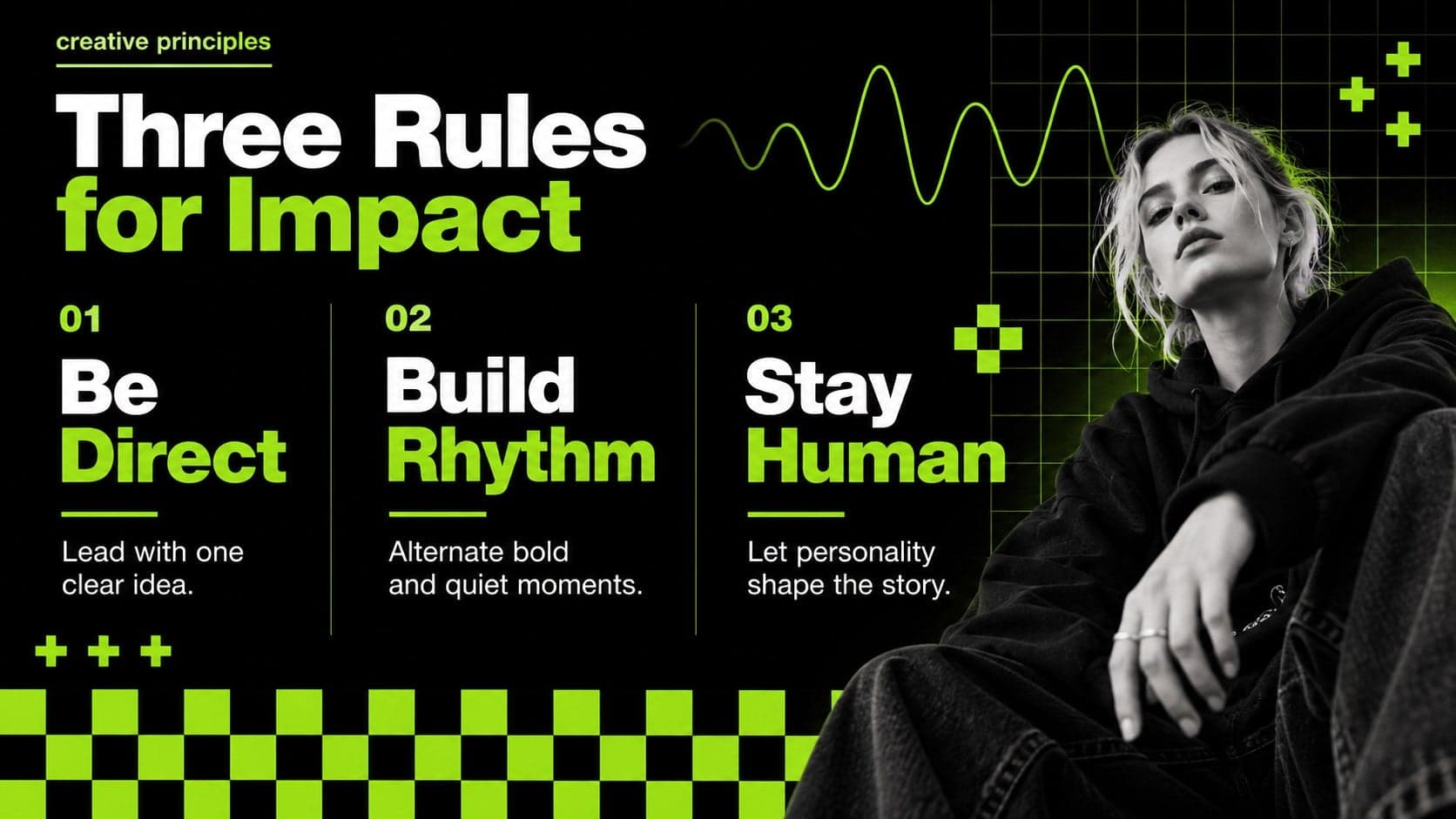 Electric green Google Slides theme layout showing three principles for bold and readable creative storytelling.