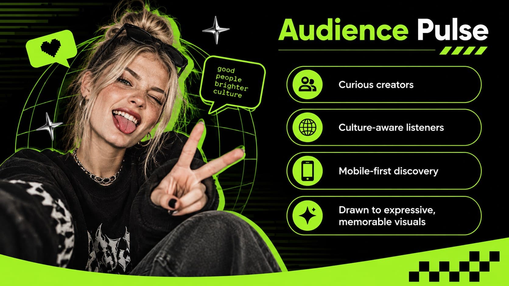Neon pop culture PowerPoint template slide presenting an audience profile with green data callouts.