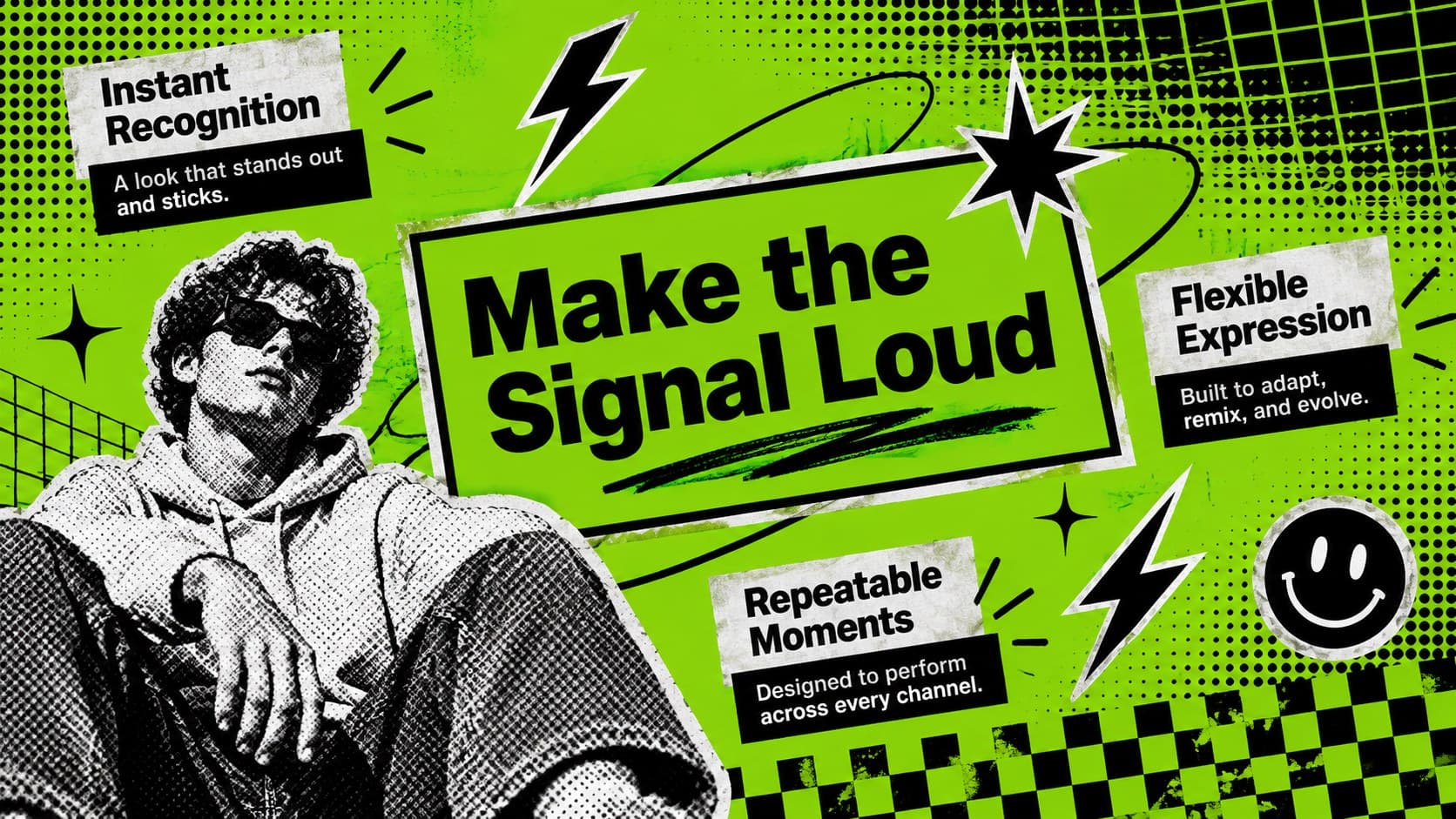Green halftone presentation design displaying a central campaign idea and supporting creative messages.