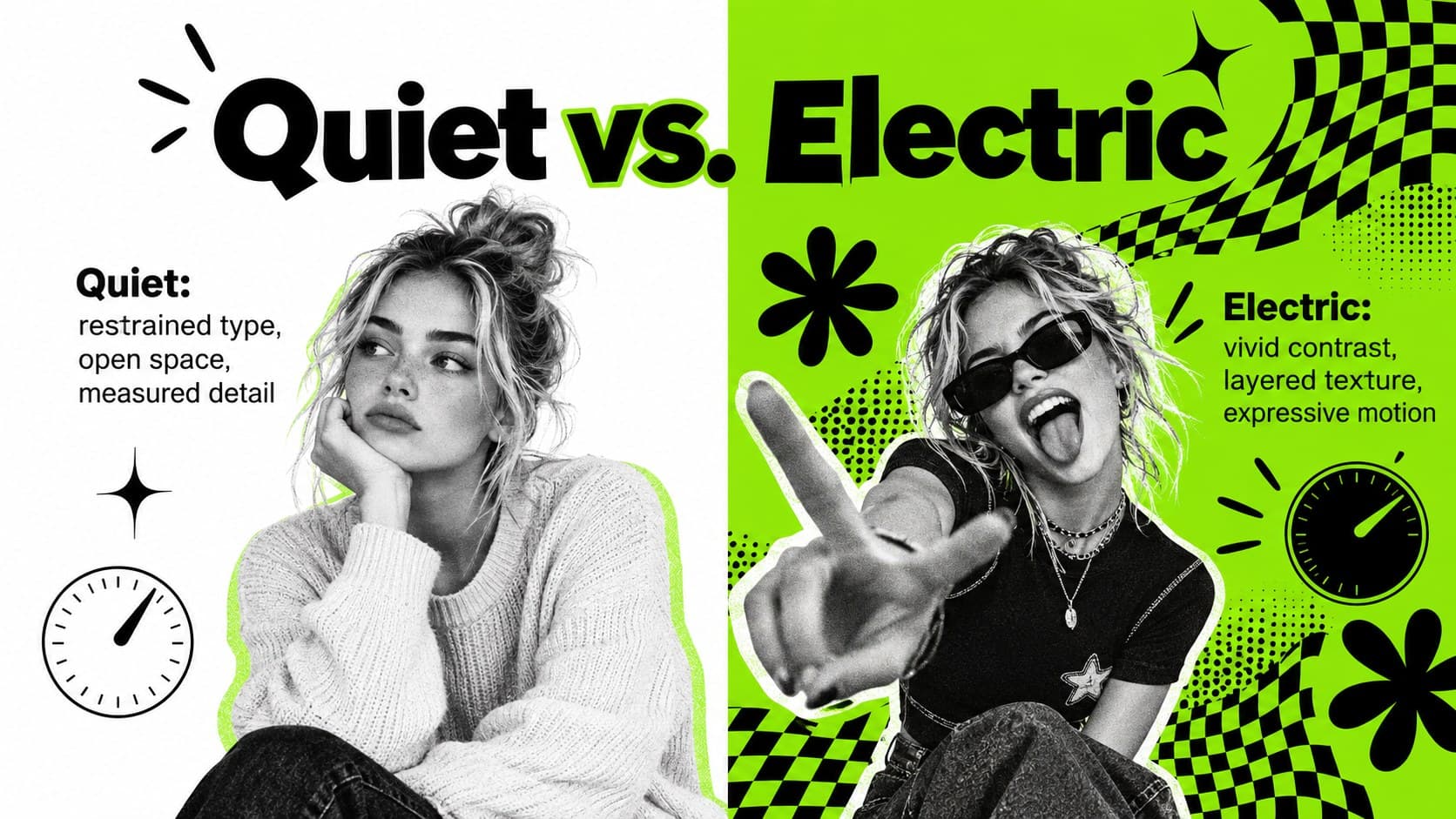 Electric green creative pitch slide comparing quiet minimalism with expressive Y2K styling.
