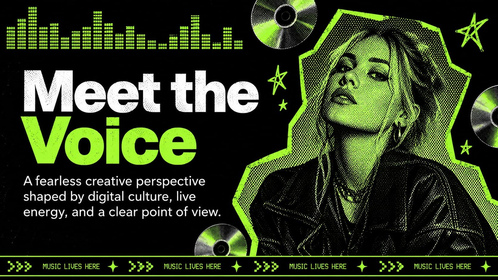 Y2K music pitch deck template slide featuring an original artist portrait and creative direction notes.