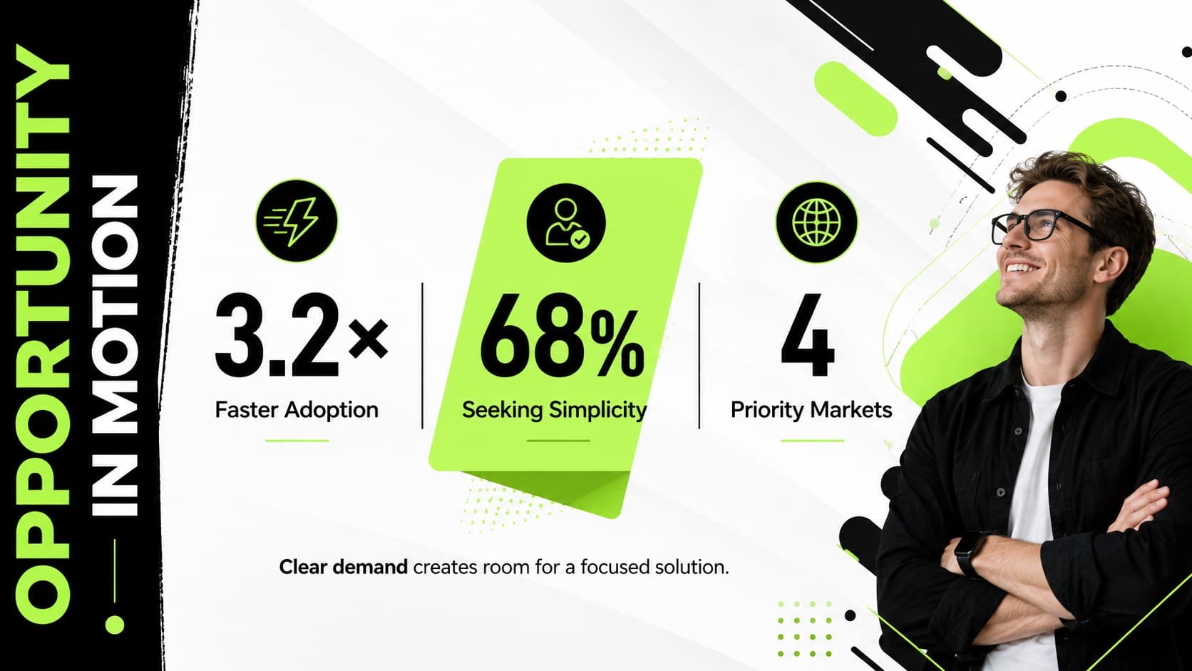 Neon green startup pitch slide showing three market opportunity indicators.