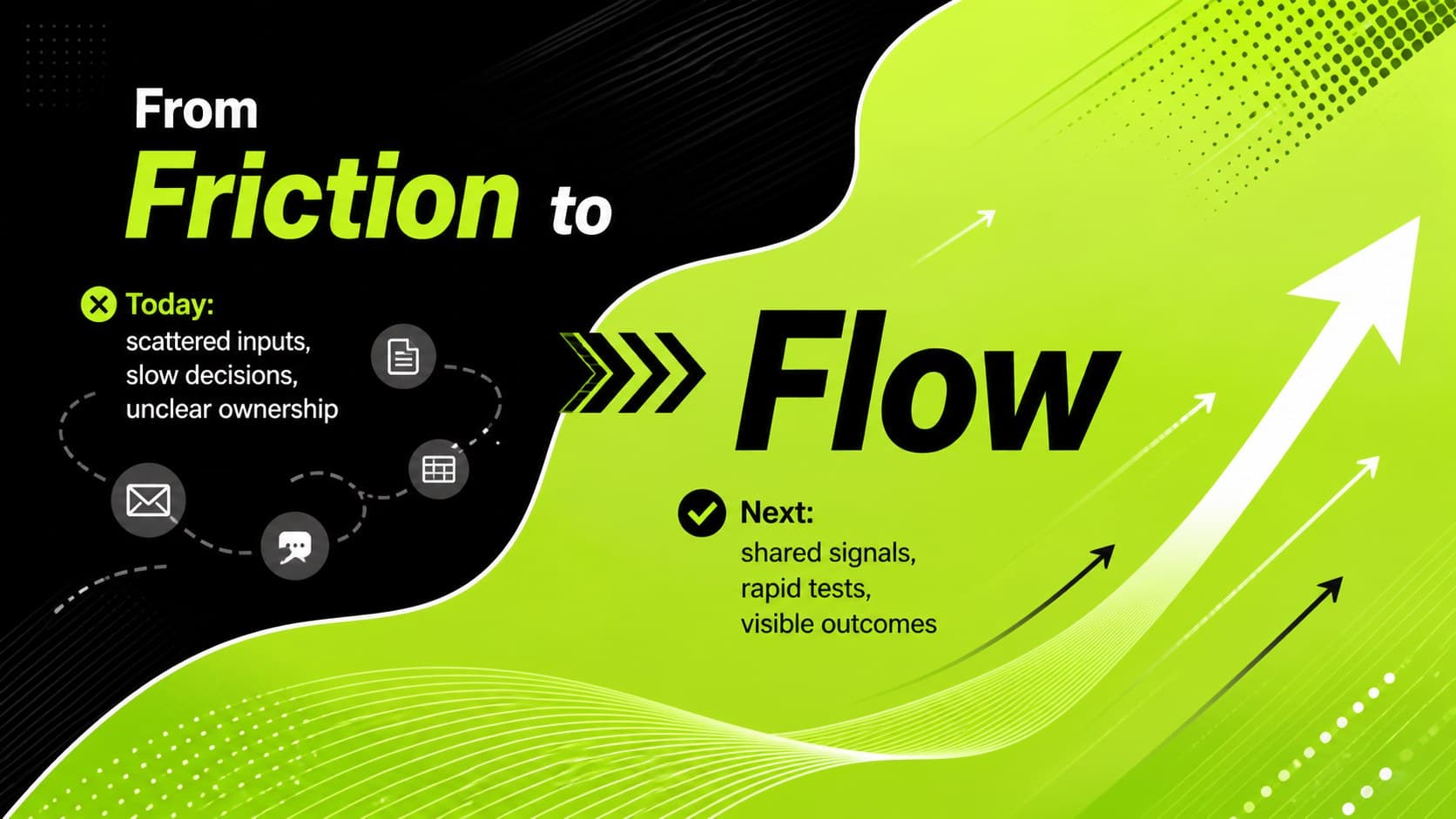 Electric green presentation theme slide comparing current friction with a future workflow.