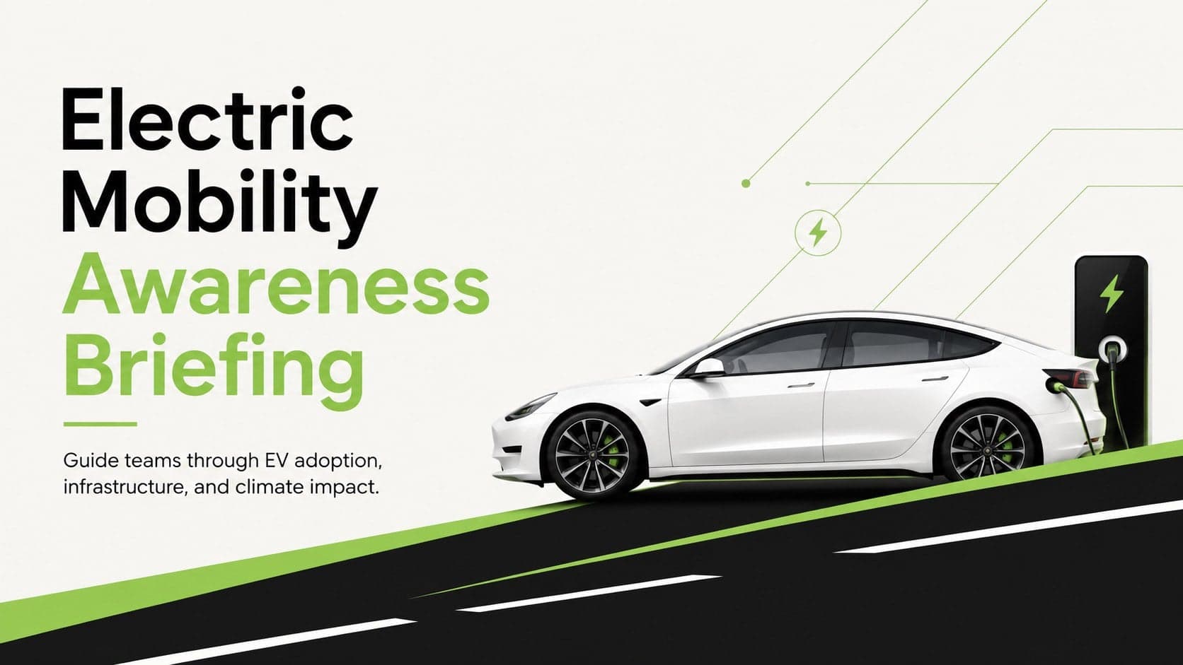 Electric Mobility Awareness Briefing cover with a modern EV silhouette in a minimal green, white, and black corporate layout.