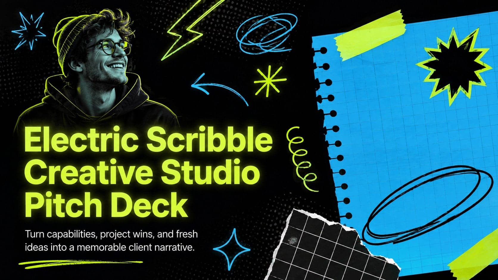 Cover of the Electric Scribble Creative Studio Pitch Deck with neon green and blue doodles on a black background.