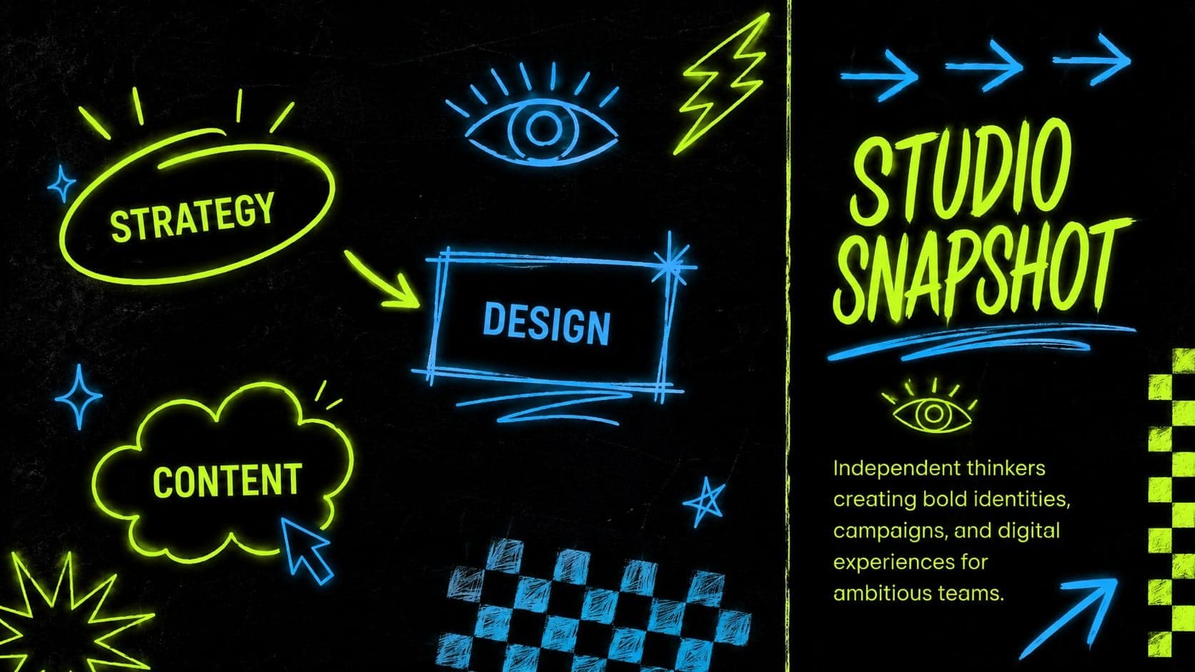Creative studio pitch deck overview slide with a concise agency profile and electric doodle accents.