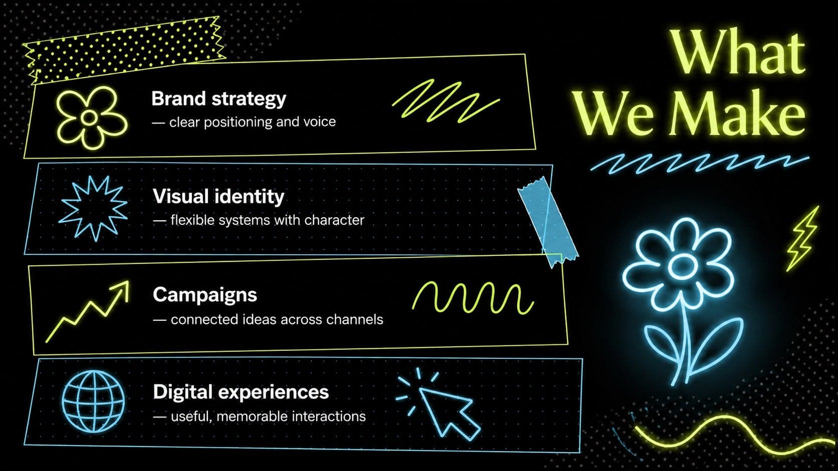 Neon agency portfolio presentation slide listing strategy, identity, campaigns, and digital services.