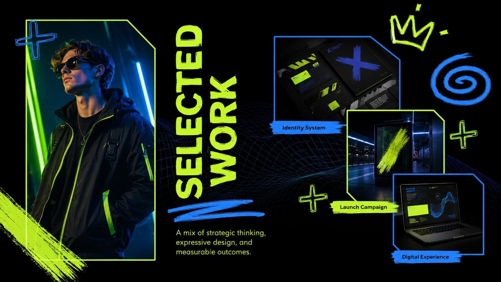 Studio portfolio showcase slide with three project image frames and neon scribble decorations.