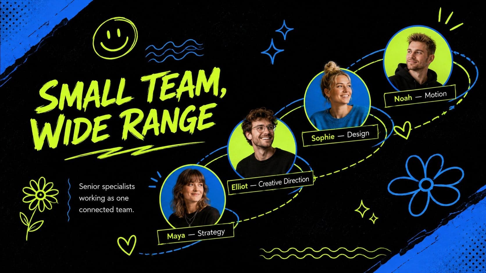 Creative agency credentials deck team slide with original Western professionals and vivid neon graphics.
