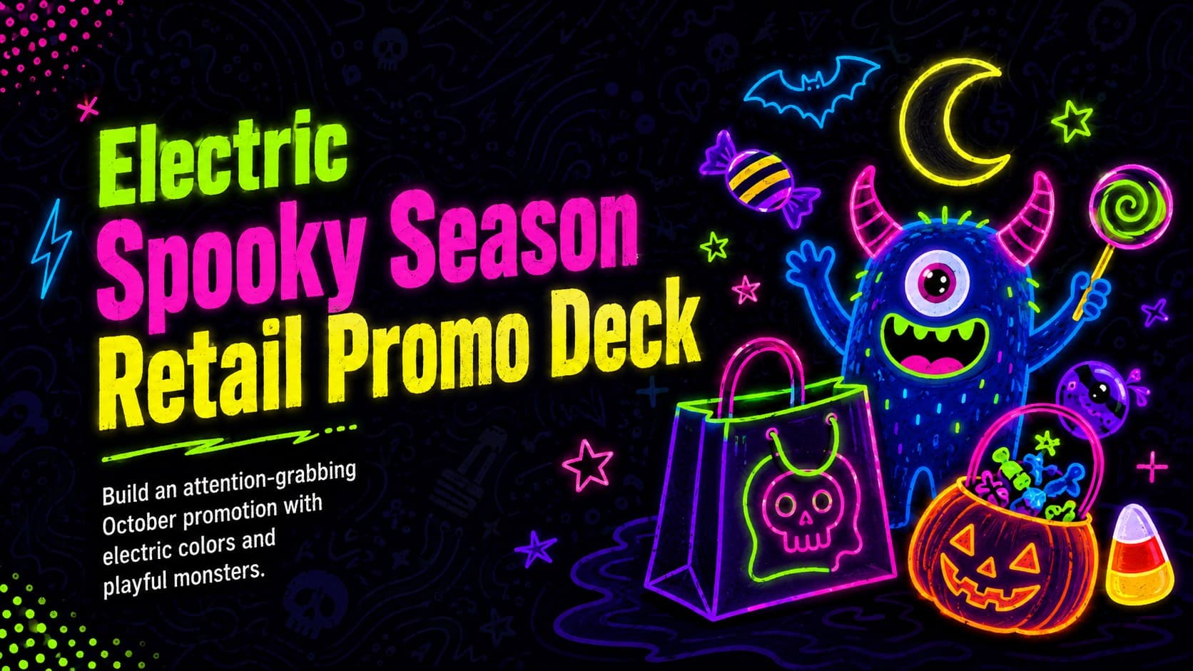 Cover of an electric spooky season retail promo deck with neon monster illustrations and bold seasonal typography.